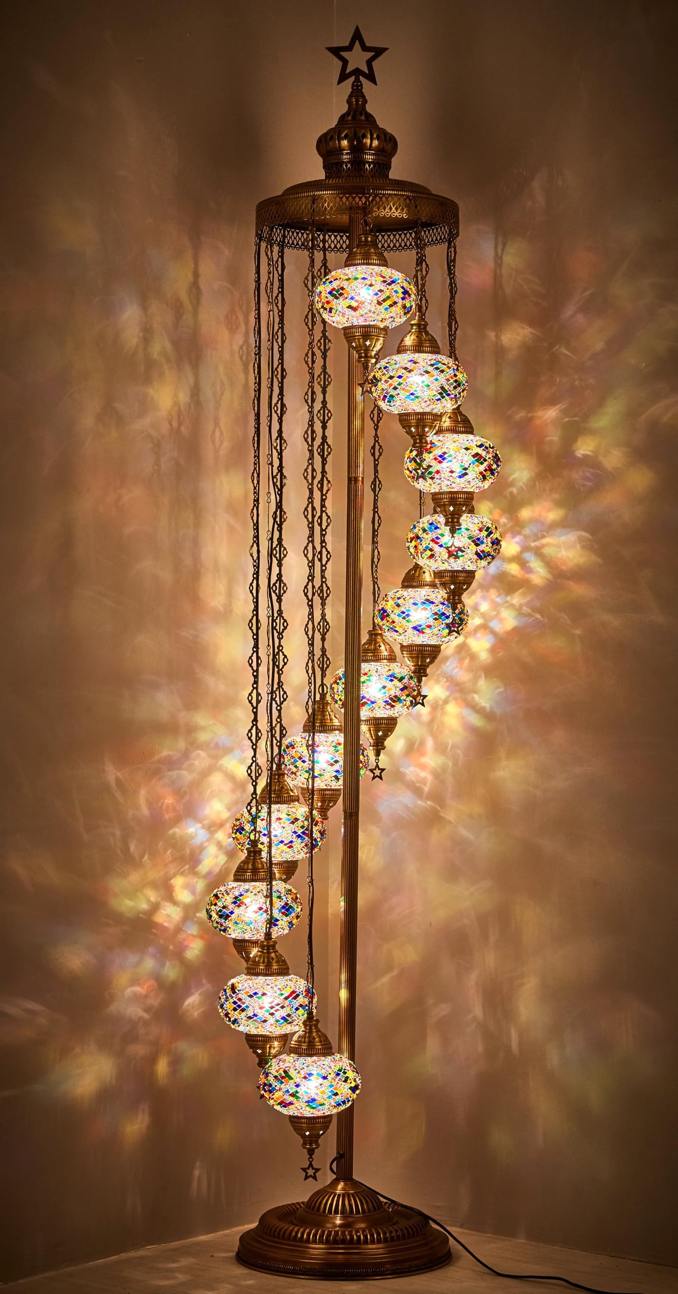 11 Globe Turkish Moroccan Mosaic Floor Lamp, 7ft Tall - Tiffany Style Standing Decorative Boho Lamp with Colorful Globes for Bedroom, Living Room, Entryway – Handmade in Turkey, Multicolor