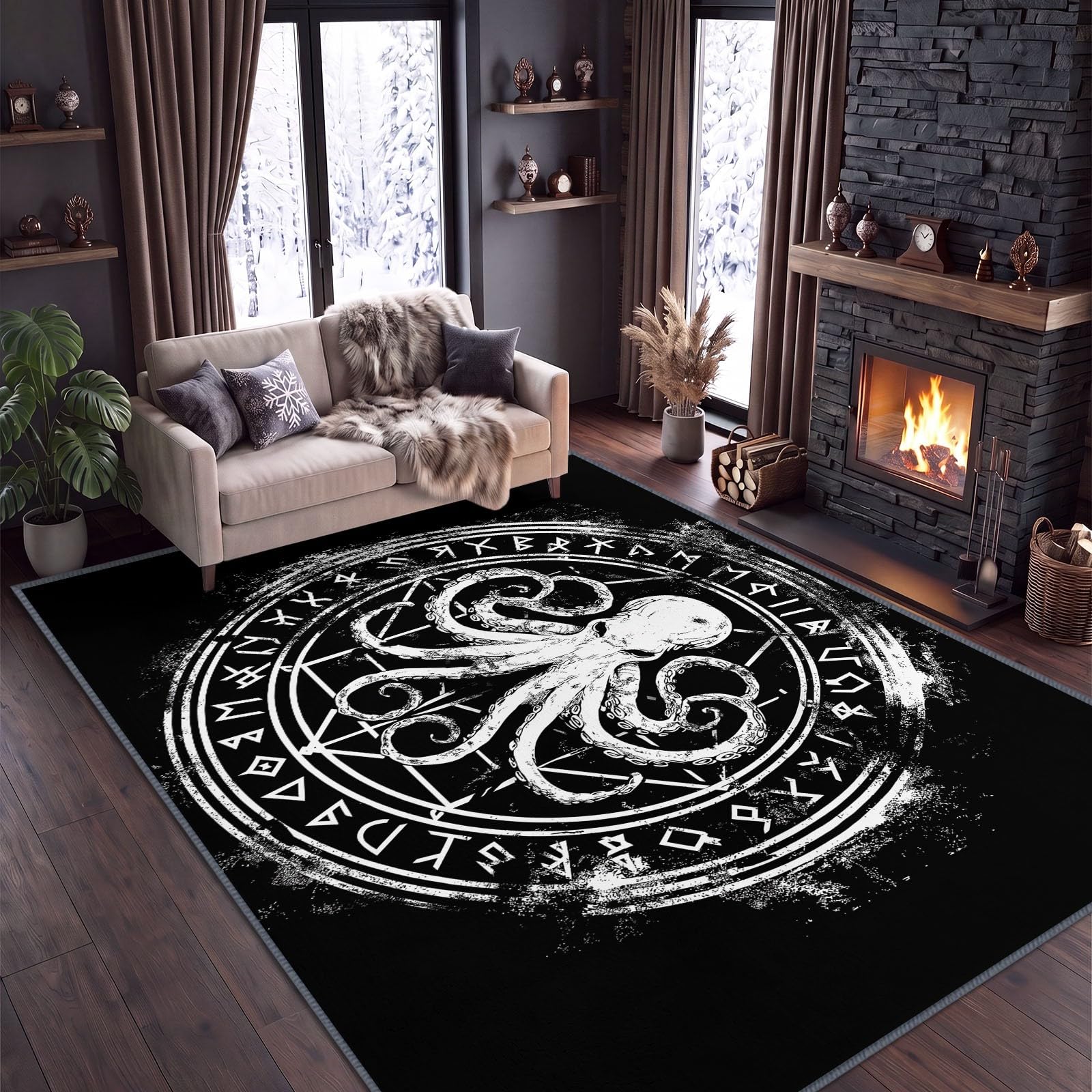 Tapis de Salon Gothique 140 x 200 cm, Pieuvre Étoile Six Branches Tapis Poils Courts Lavable Moderne, Décoratif Antidérapant et Doux pour Salon Chambre et Bureau