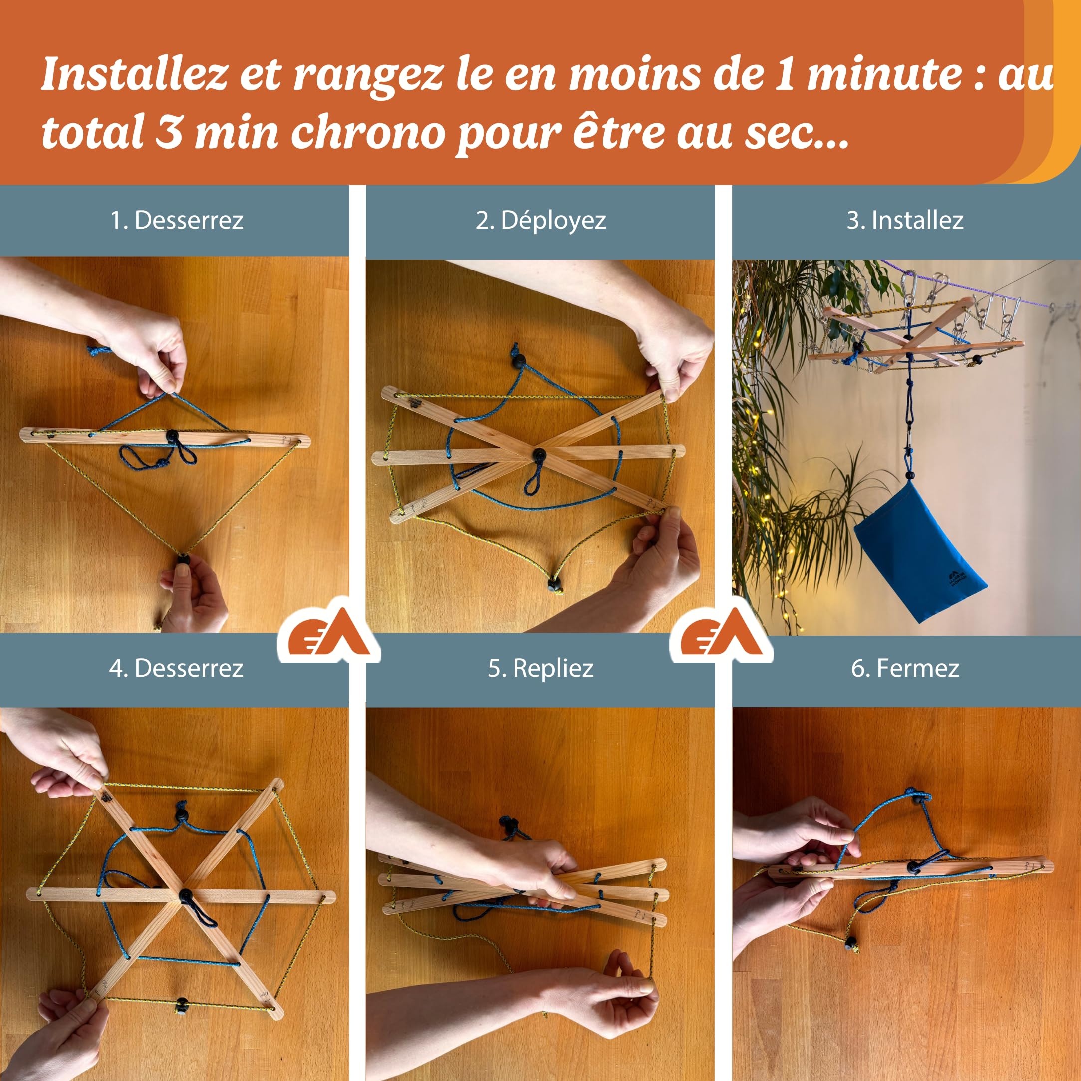 Etendoir a Linge Pliable + Corde a Linge Exterieur Intérieur 10M + Sac à Linge 50 x 40 cm, 20 Pinces à Linge INOX, 2 Attaches Arbre/Corde, 2 Crochets, 5 Mousquetons, Voyage Accessoires Made in France
