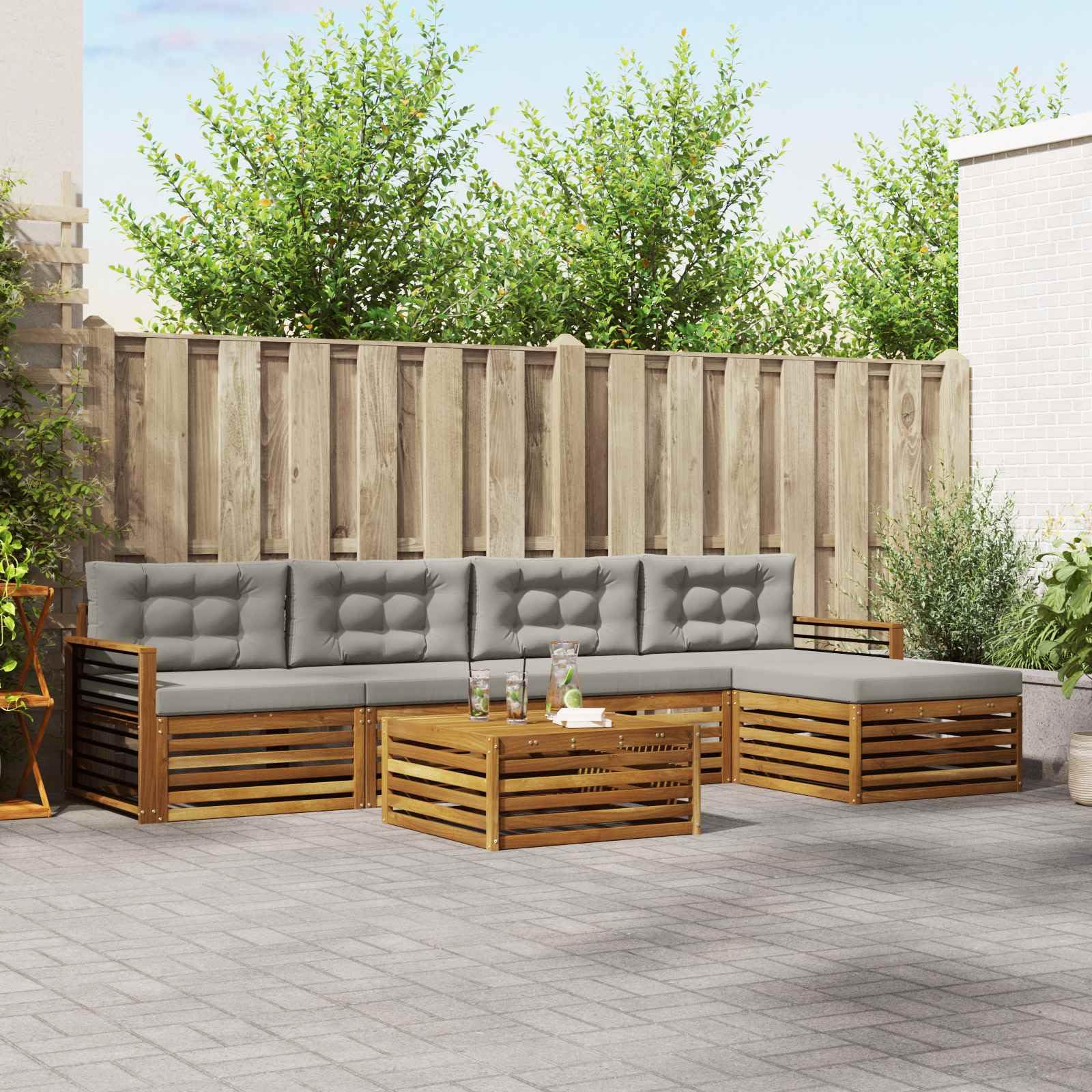 Outdoor-Gartenmöbelgarnitur mit 6 Kissen, wetterfestes Akazienholz, modulare Sitzgruppe für Terrasse und Balkon, langlebiges Design, inklusive Tisch, Sofas, Hocker und Kissen