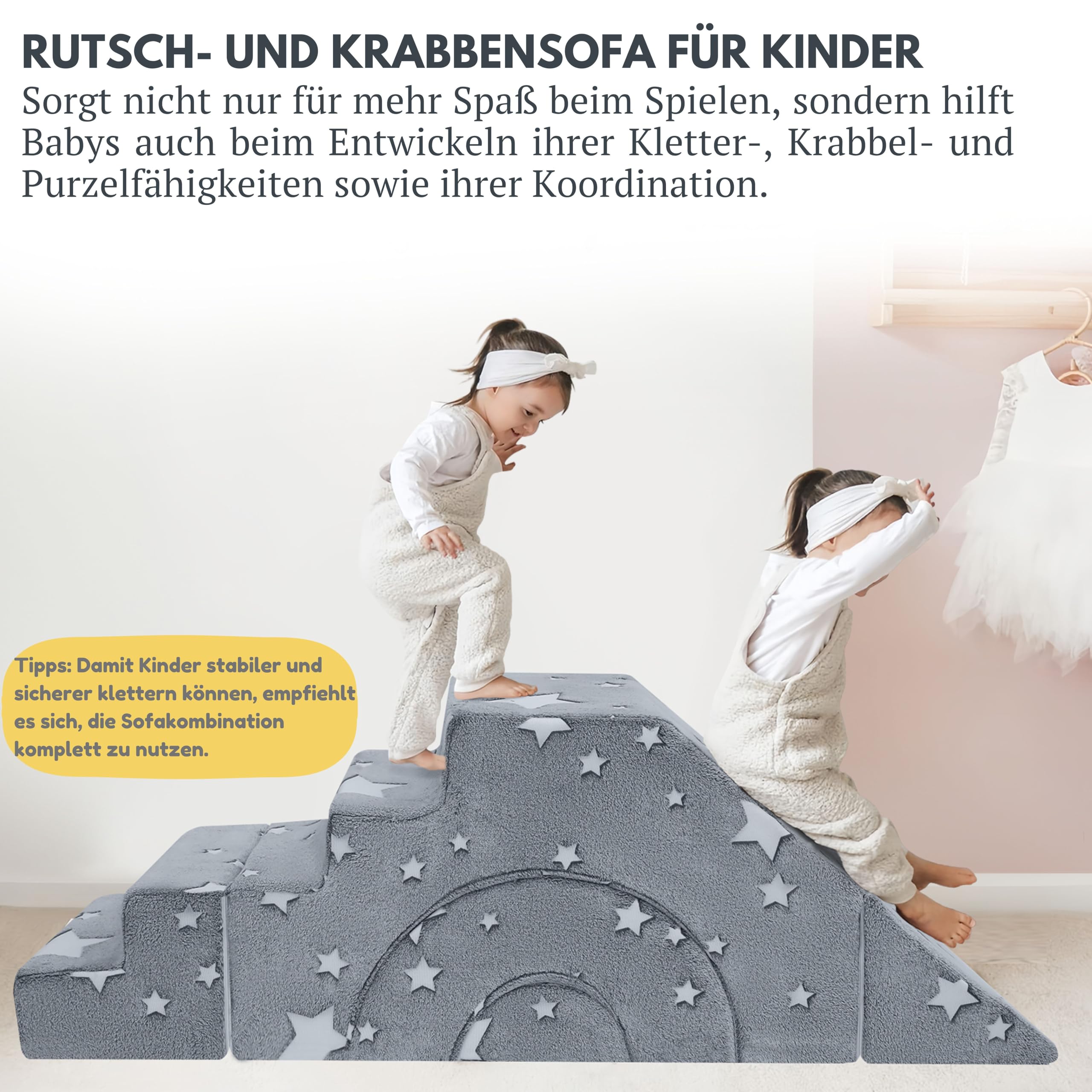 MeMoreCool Kindersofa Grau Stern-Motiv, Modulare Mini Couch aus Schaumstoff Fuer Kinderzimmer, Ausklappbares Spielsofa mit Abnehmbarem Bezug, Weiches Kindersessel ab 1 Jahr