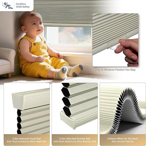 Miniatura 2 de Boolegon Persianas celulares opacas sin cordones, con aislamiento térmico, persianas de panal para ventanas, beige, 21 pulgadas de ancho x 48