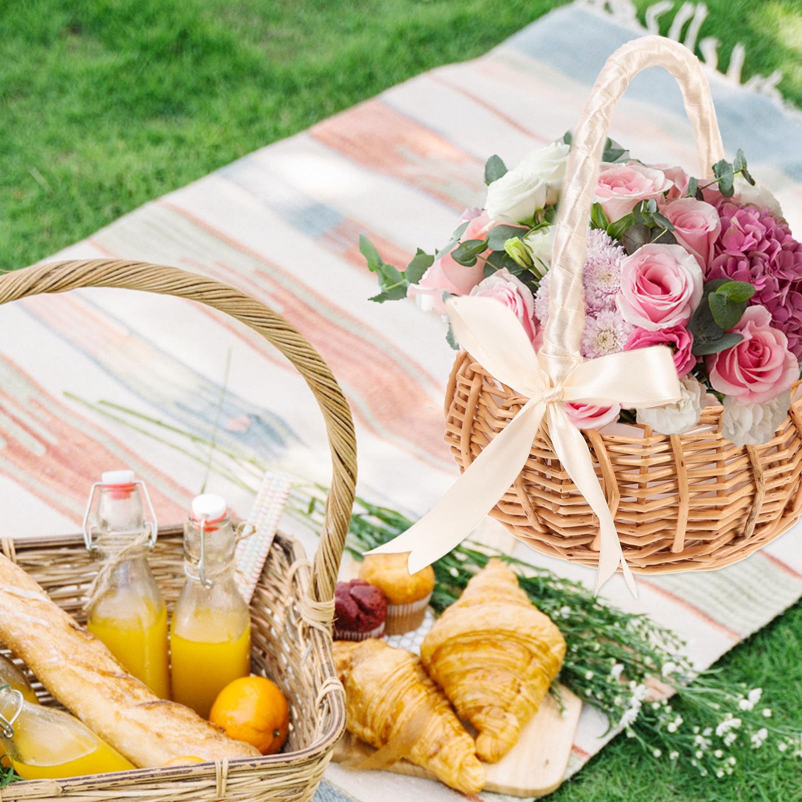 Amosfun 2 Set Cesto Di Fiori Easter Basket Cesto Per Ragazza Di Fiori in Raso Cestino Di Paglia Cestino Multiuso Portatile Intrecciato Stoffa Bianca 2 Pezzi * 2
