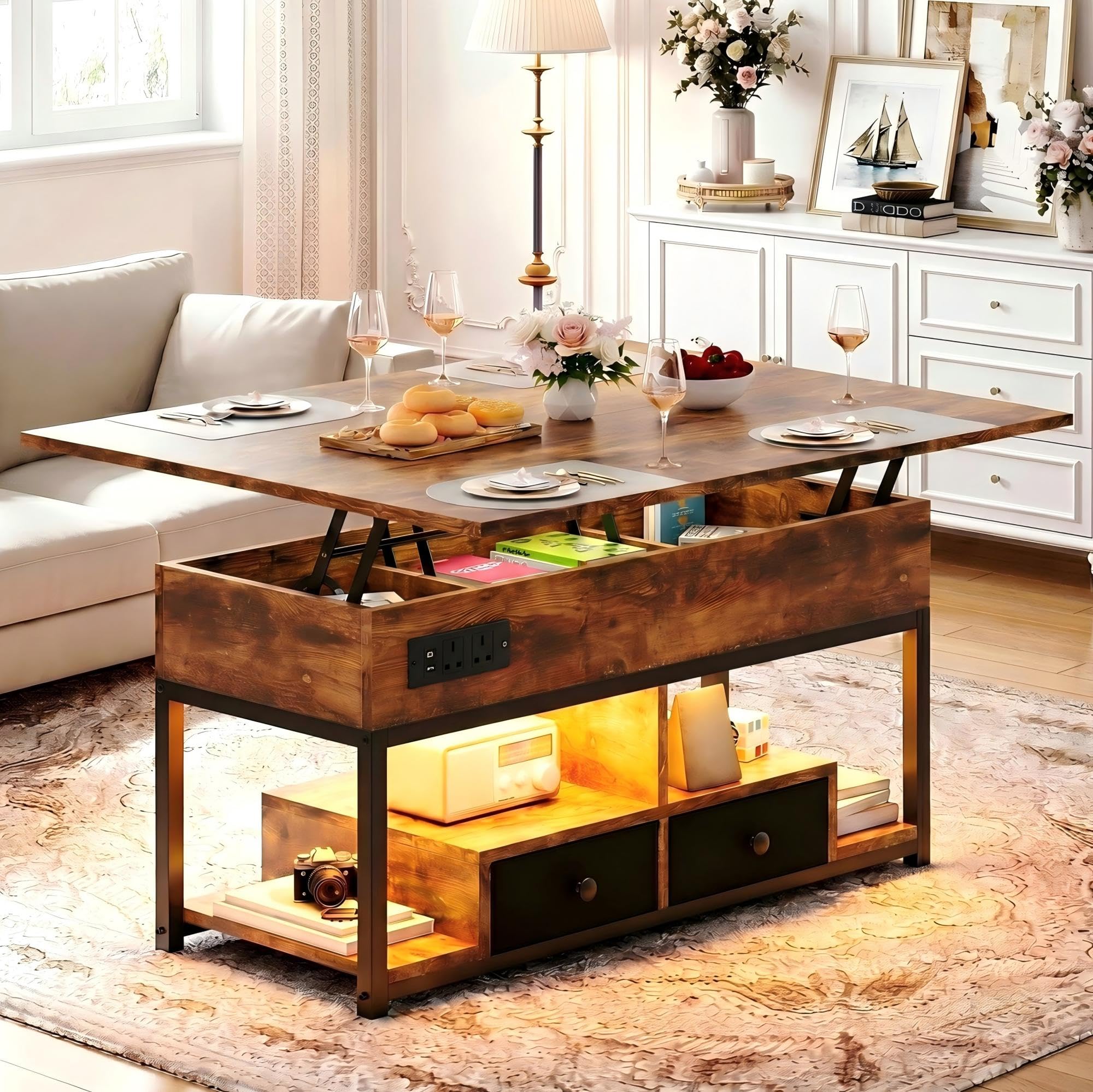 IRONCK Lift Top Coffee Table, Living Room Table with LED Lights, USB and Type-C Ports, Wooden Tea Table with Hidden Storage and 2 Drawers, Convertible Centre Table, 100×80cm, Retro Brown