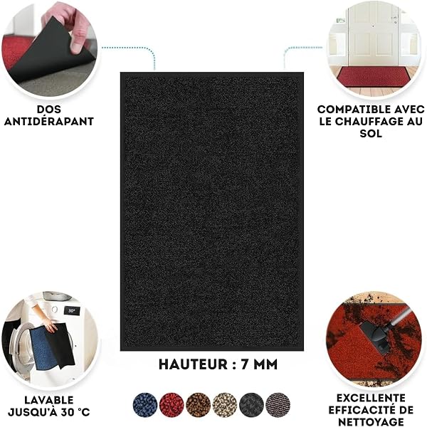 casa pura Tapis Entrée sous Porte Rhine Noir,Paillasson Absorbant Lavable en Machine à Laver,Enlève salissures,Dos en TPE Durable et antidérapant,Passe sous la Porte 7 mm d'épaisseur - 90x120 cm - 3