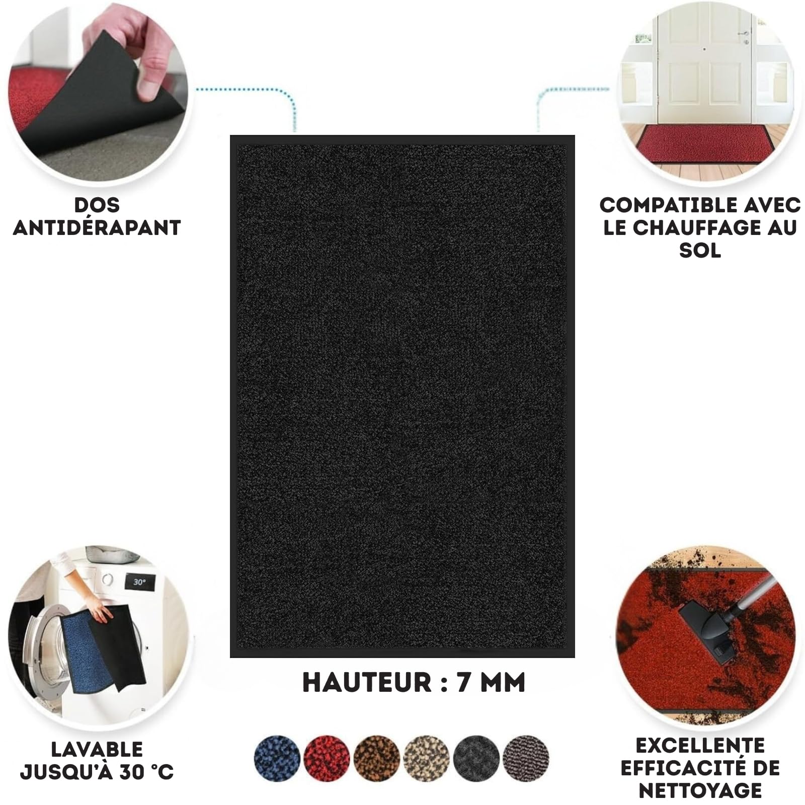 casa pura Tapis Entrée sous Porte Rhine Noir,Paillasson Absorbant Lavable en Machine à Laver,Enlève salissures,Dos en TPE Durable et antidérapant,Passe sous la Porte 7 mm d'épaisseur - 90x120 cm - 3