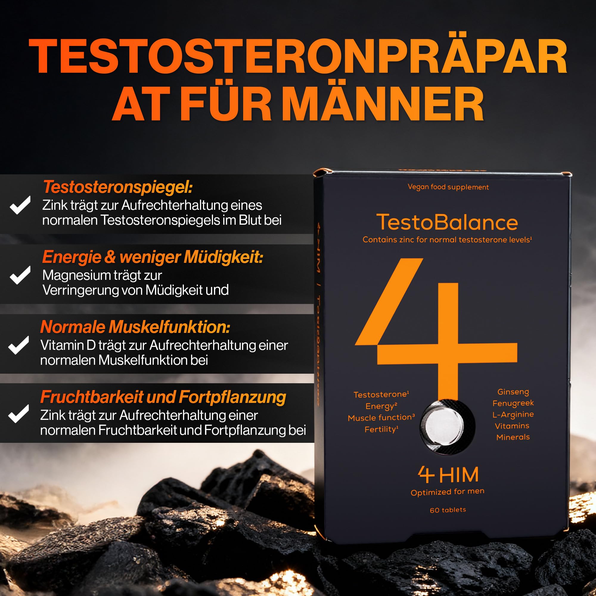 4 HIM TestoBalance Hochdosiert für Männer – ZMA, Ginseng & Bockshornklee – Zink für Testosteronspiegel – Magnesium, B6, L-Arginin & Selen – 60 Vegane Tabletten – GMP-Zertifiziert