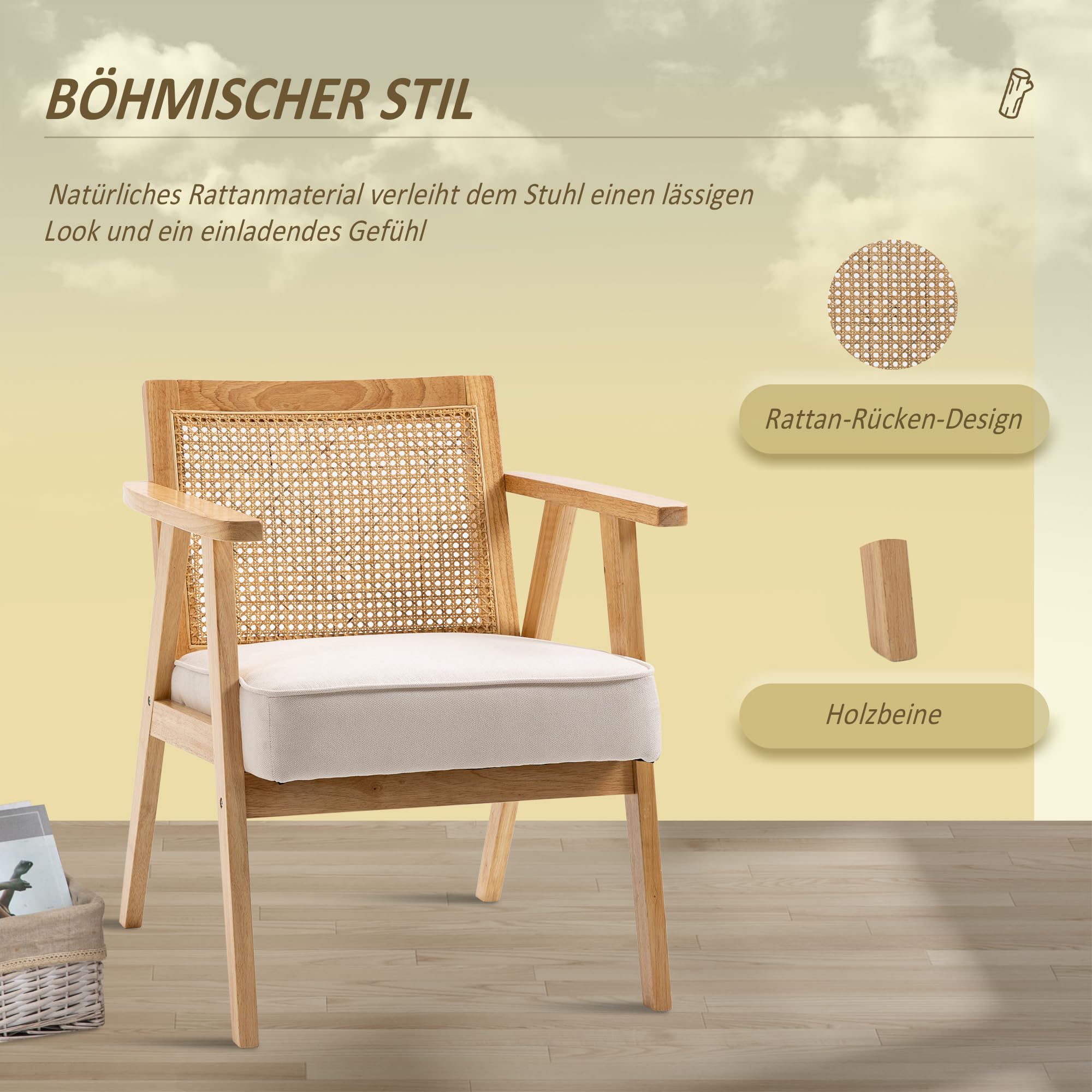 HOMCOM Sessel Wohnzimmer Relaxsessel mit Armlehnen, Sitzkissen, Loungesessel mit Rattan-Rückenlehne, Lesesessel mit Leinen-Optik, Holzrahmen, Polstersessel für Schlafzimmer Creme