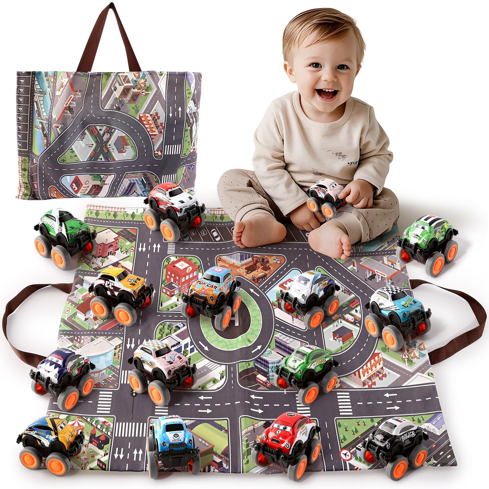 Varrotoy 15 PCS Off-road Pull Back Cars Toy with Foldable Play Mat, Play Vehicles Race Car Set, Friction Powered Vehicles, Toy Cars Gifts for Age 3+ Boys Girls Toddler