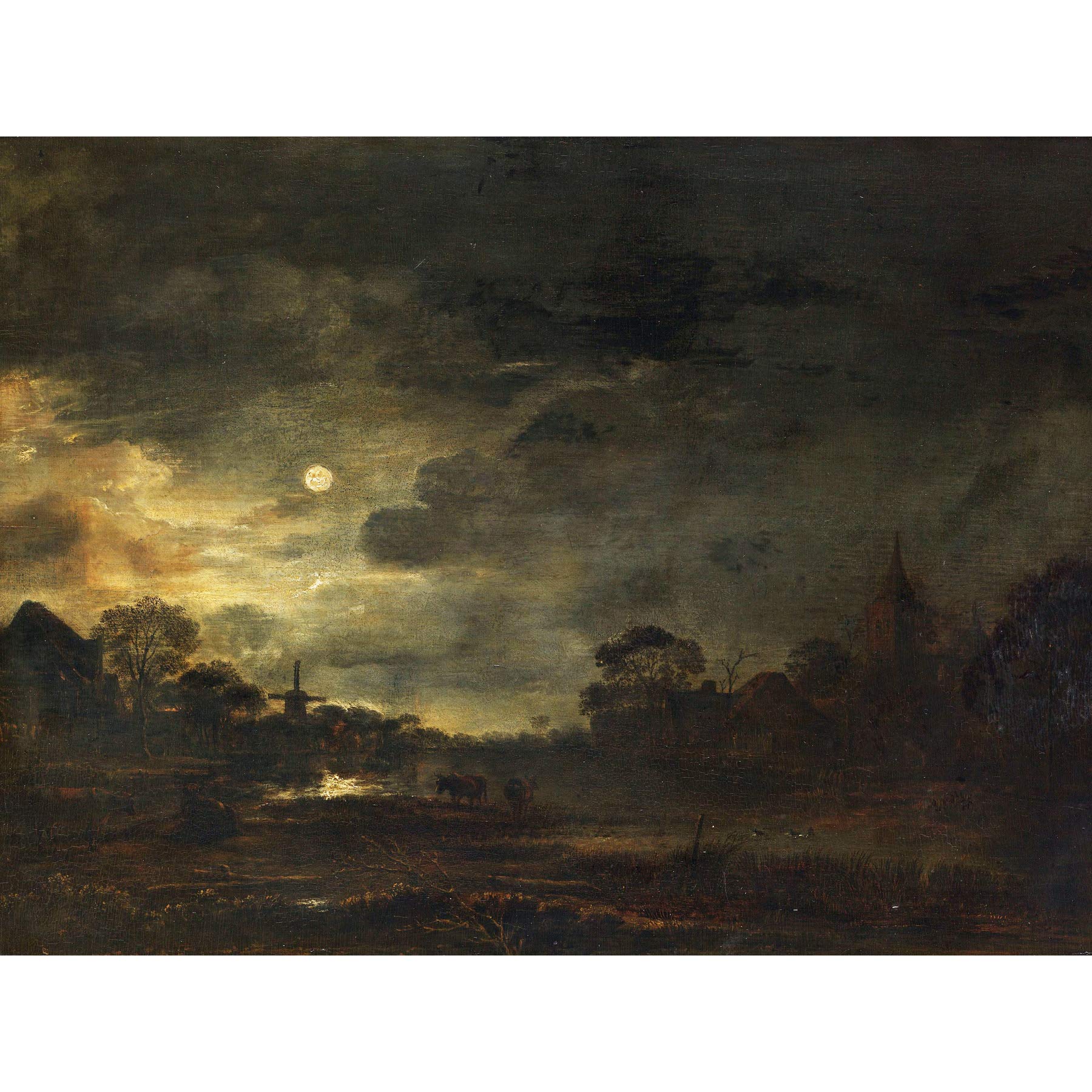 Artery8 Aert Van Der Neer Landscape By Moonlight Painting Premium Wall Art Canvas Print 18X24 Inch