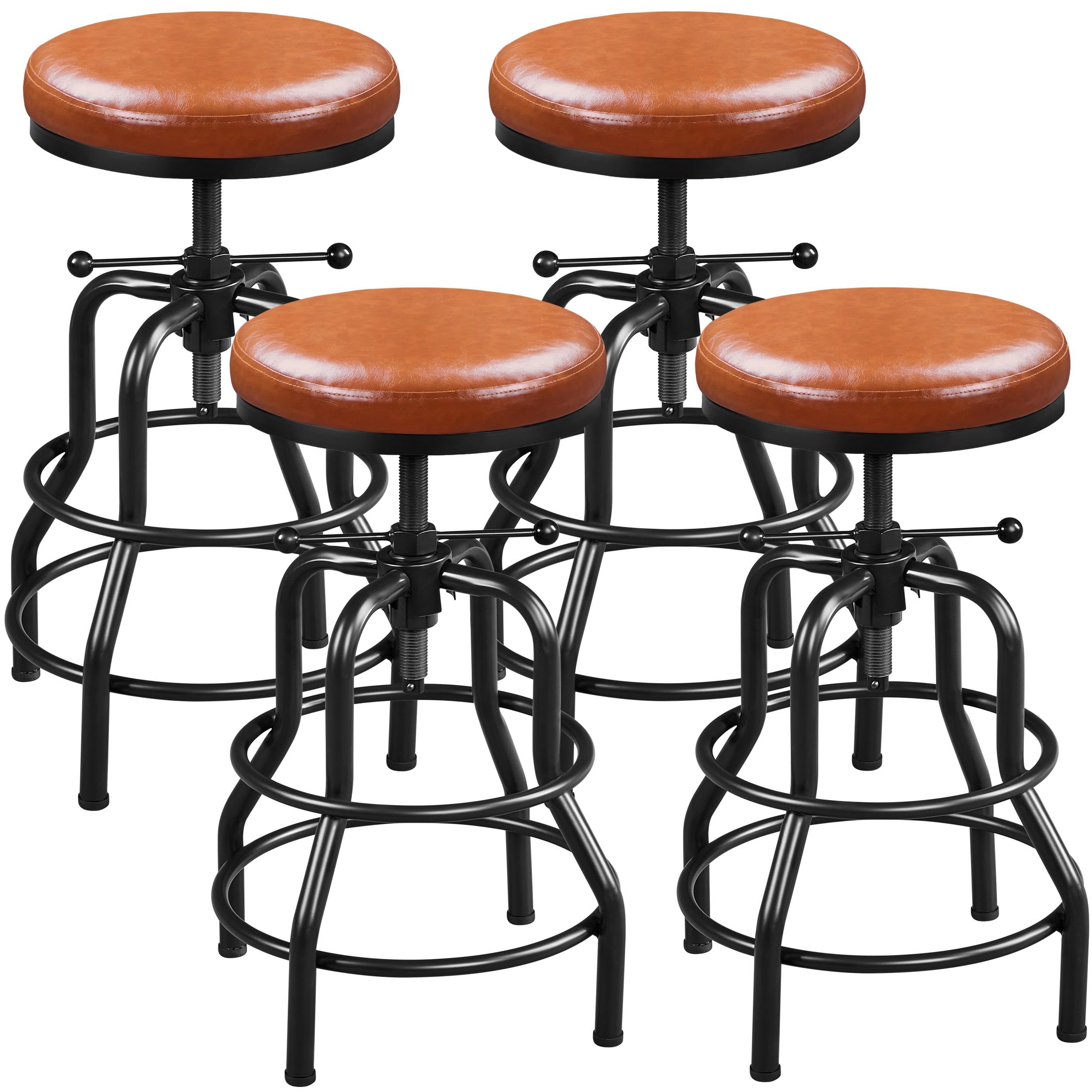 Yaheetech Industrial Bar Stools Vintage Counter Height Adjustable Bar Kitchen Stool with Round Faux Leather Seat Metal 21.5-28 Inch Tall Light Brown,