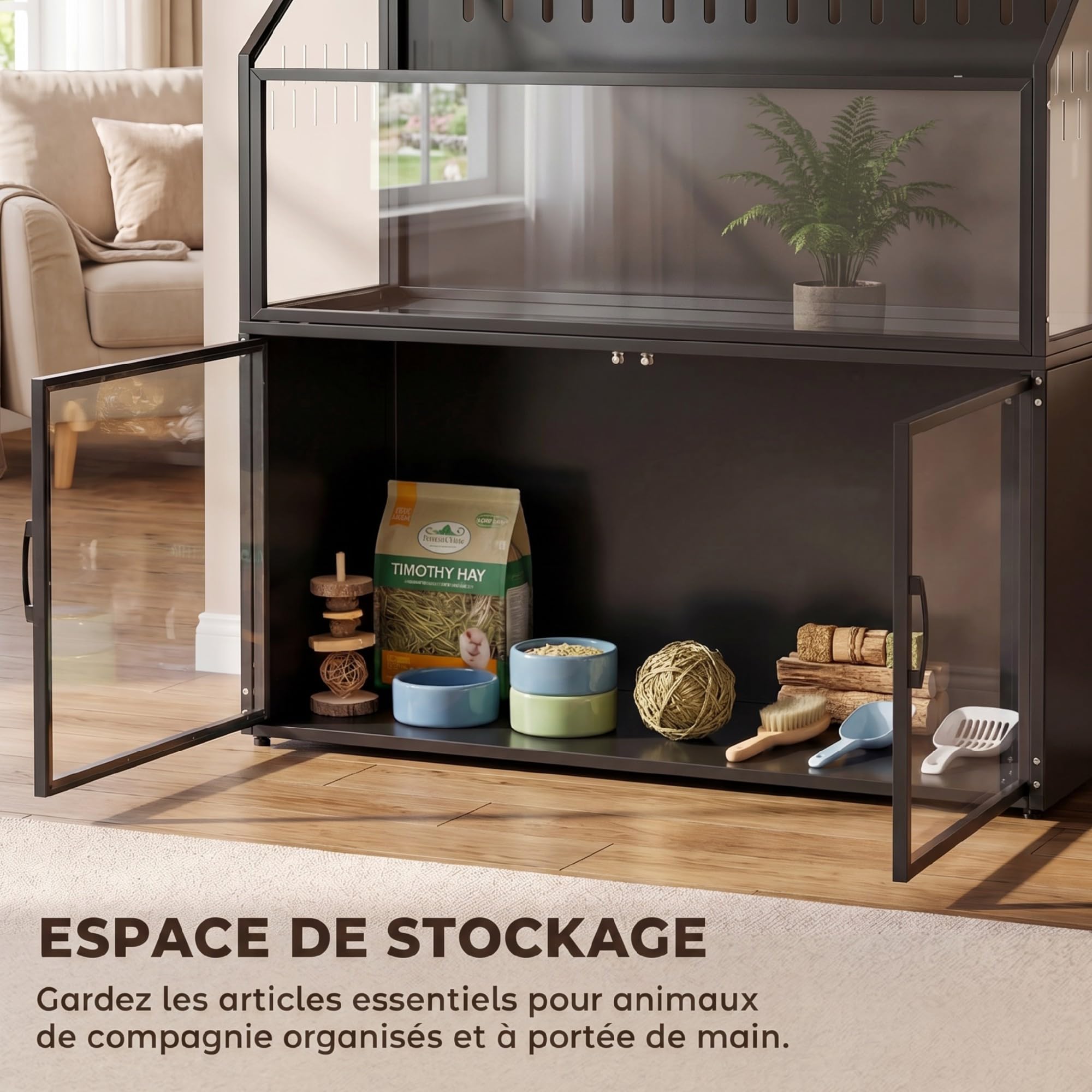 PawHut Cage Hamster 2-en-1 avec Armoire de Rangement Habitat 104cm Noir | pour Rongeur, Acier Résistant aux Morsures, Acrylique Transparent, Grande Cage Design, pour Hamster Syrien et Souris