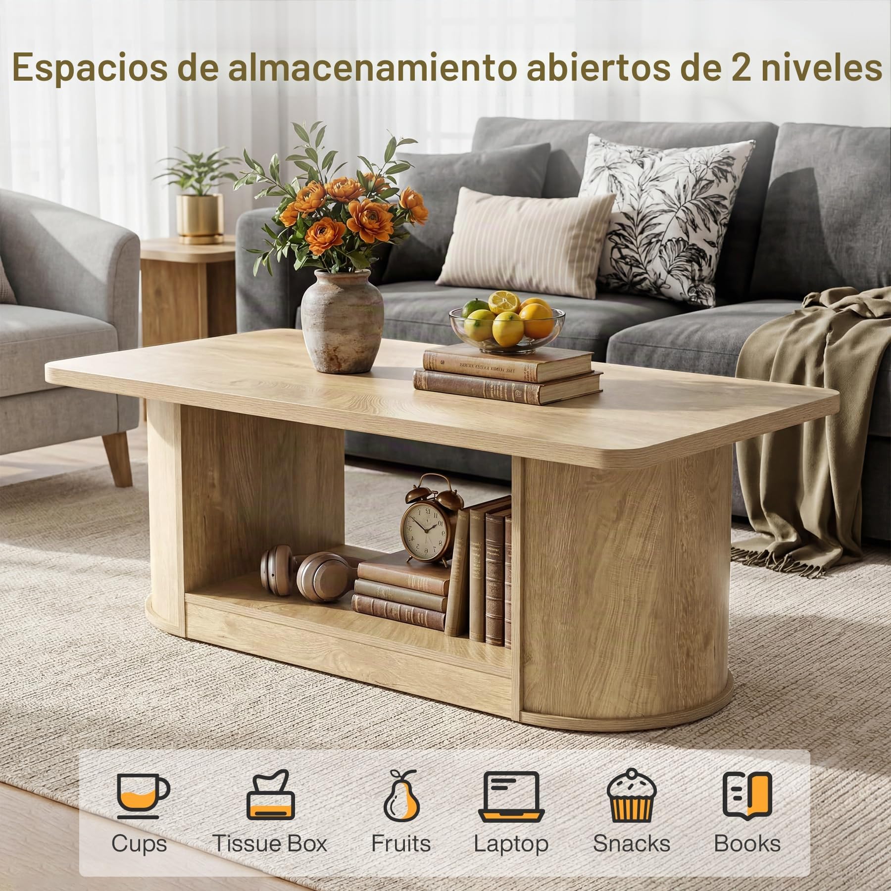 Tribesigns Mesa de Centro Moderna 120 cm, Mesa Rectangular de 2 Niveles con Estante para Salón, Apartamento, Dormitorio u Oficina, Marrón Claro