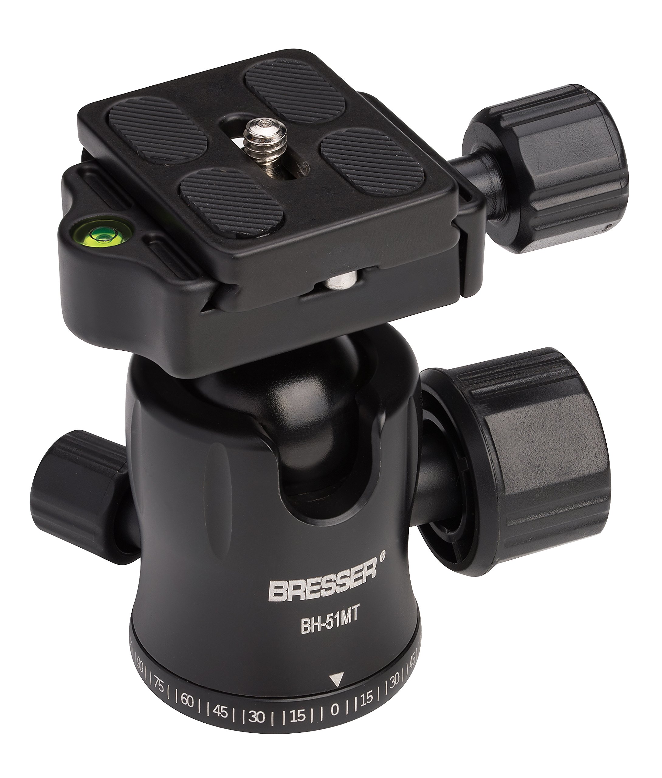 Bresser Rotule BH-51MT - Capacité de Charge jusqu'à 10 kg - Échelle d'angle et Niveau à Bulle intégré avec Filetage de raccordement pour trépied 3/8"