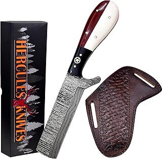 Hercules Custom Hand Forged Damascus Steel Bull Cutter Knife with Horizontal Leather Sheath Fixed Blade Handmade Damascus Full Tang Cmping Survival Knife (Texas Flag Handle) - Hercules Knives