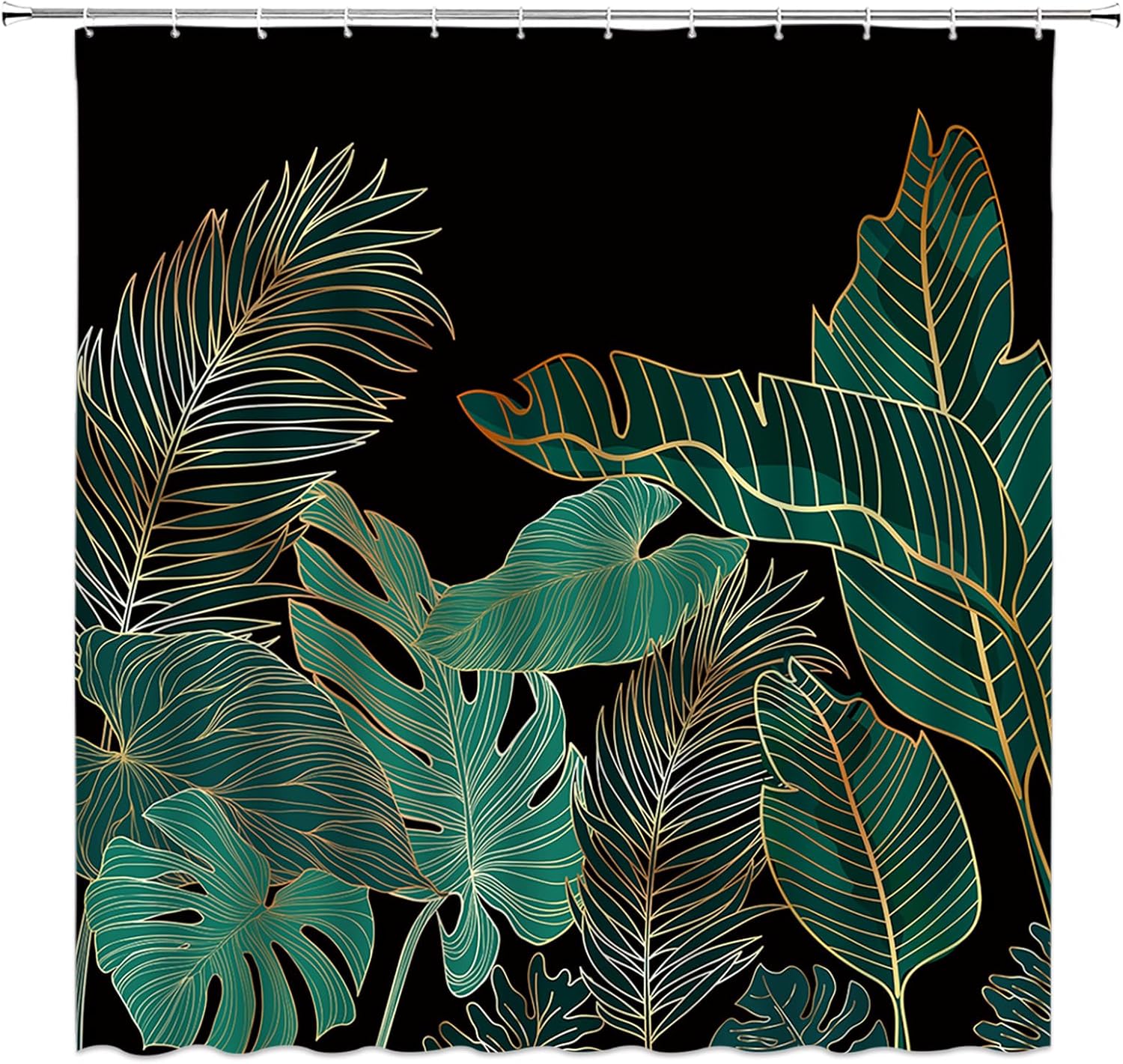 Tropical Leaves Shower Curtain Black Brown Gold Palm Banana Monstera Leaf Plant Botanical Jungle Rainforest Nature Modern Aesthetic Bathroom Decor Fabric Bathroom Sets with Hooks