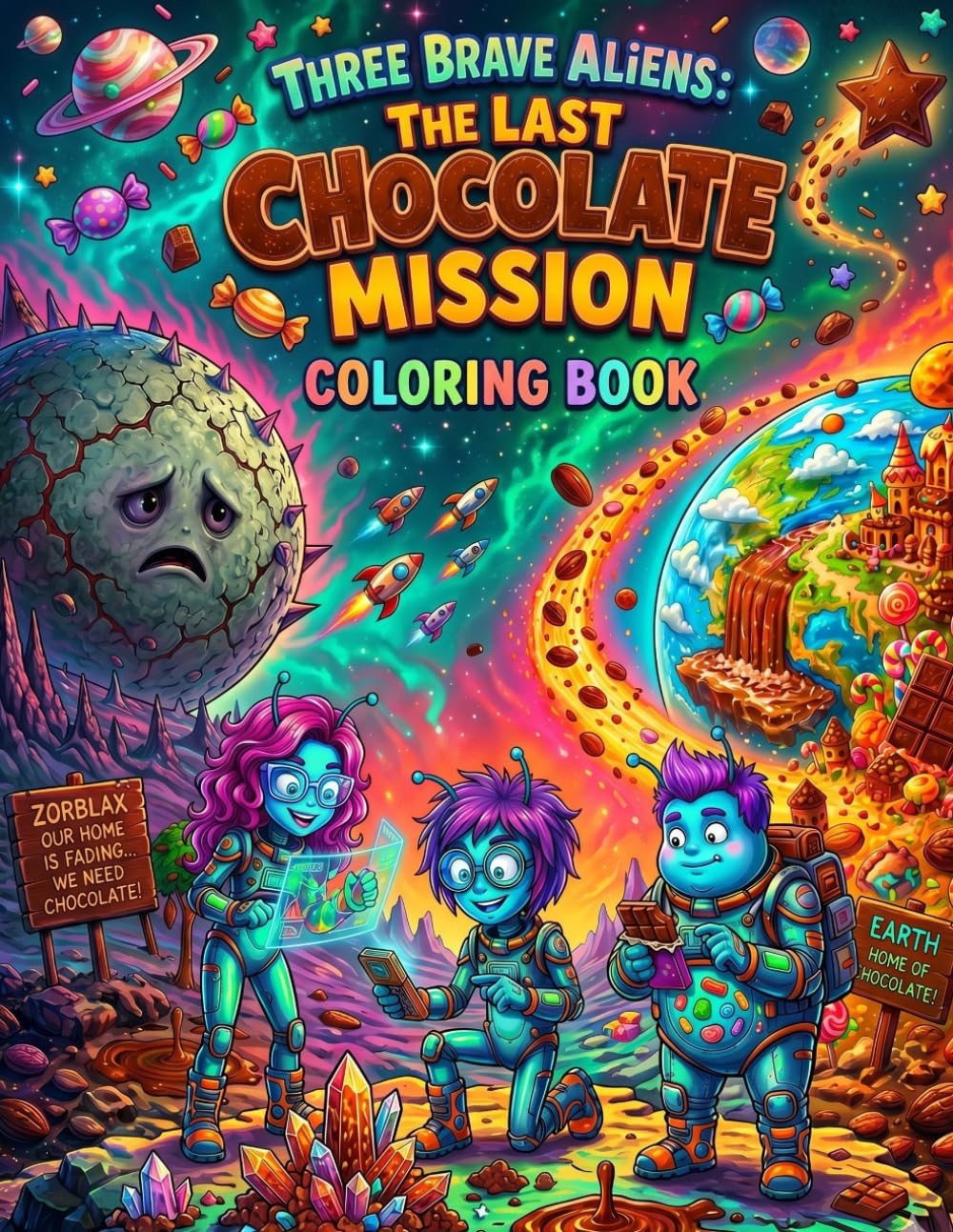 Three Brave Aliens The Last Chocolate Mission Coloring book: A Hilarious Kids Coloring Book Adventure Through Space, Chocolate Chaos, Angry Kids, Crazy Store Owners, and One Mysterious Easter Bunny