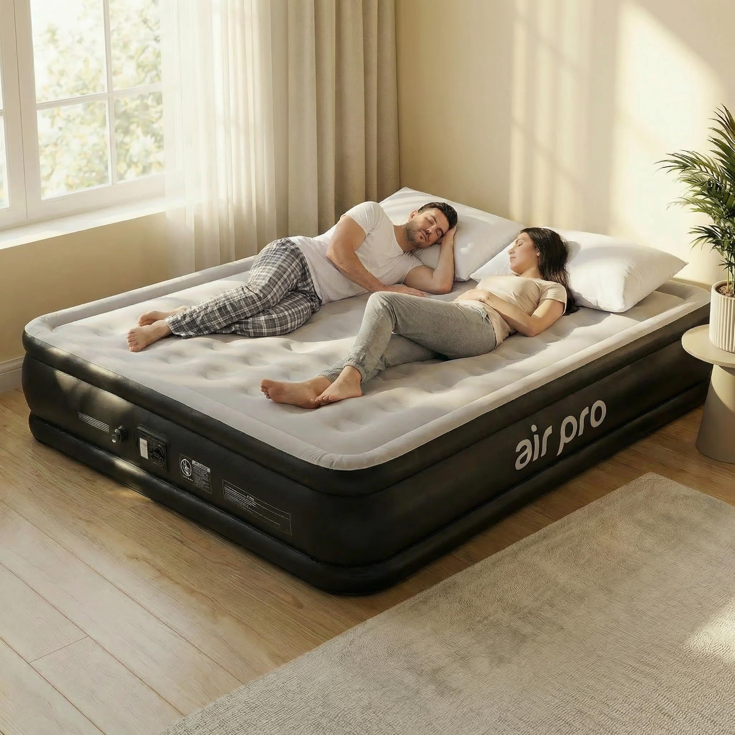 Air Pro King Size Inflatable Air Mattress with Soft Surface Built-In Electric Pump Quick 3 Min Self Inflating Airbed for Adults & Guests, Blow Up Air Bed For Comfort at Home Or Camping 203x152x46cm