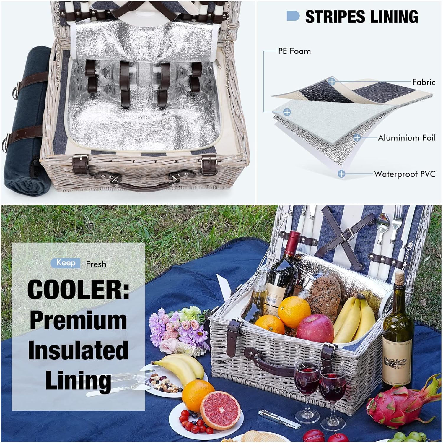 Picnic Basket Sets for 4 Persons with Insulation Layer,Waterproof Picnic Blanket, Tableware for Family,Party,Outdoor Living,Camping - Image 4