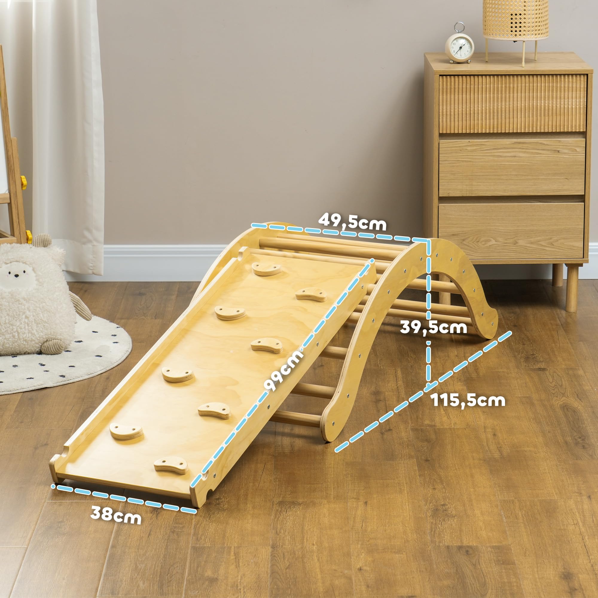 AIYAPLAY 4 en 1 Arche Escalade Enfants 18-48 Mois Charge 50 kg Bois Naturel | Chaise à Bascule avec Coussin, Rampe Double-Face pour Grimper & Glisser, Parcours Motricité Bébé en Bois