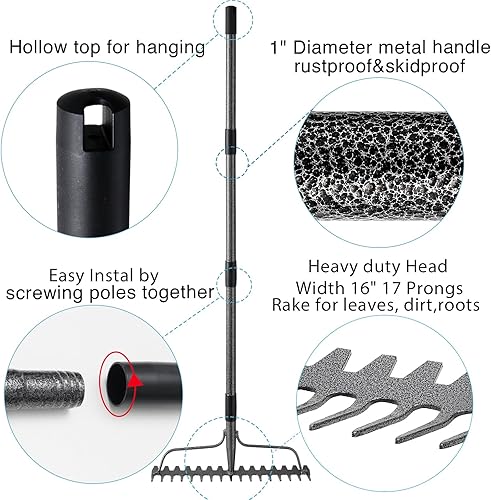 Miniatura 6 de Rastrillos de paja para césped, rastrillo de jardín de metal resistente con 17 puntas, rastrillo de roca ajustable para jardinería y aflojar el