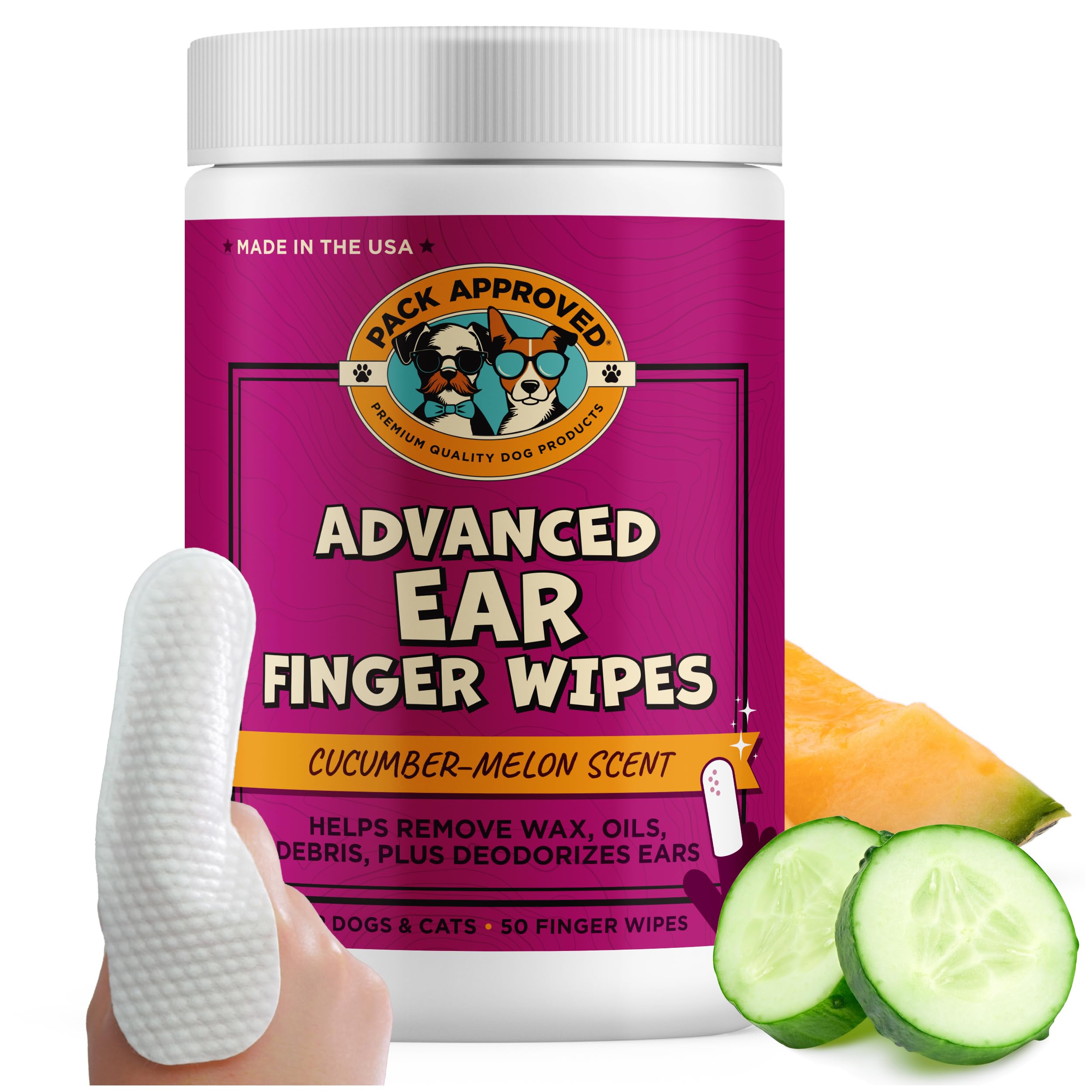 Advanced Pet Ear Finger Wipes for Dogs & Cats - Non-Irritating Pet Finger Wipes, Ear Cleaner for Dogs & Cats - Helps Reduce Wax Buildup, Debris, and Odor with Cucumber Melon Scent - 50ct