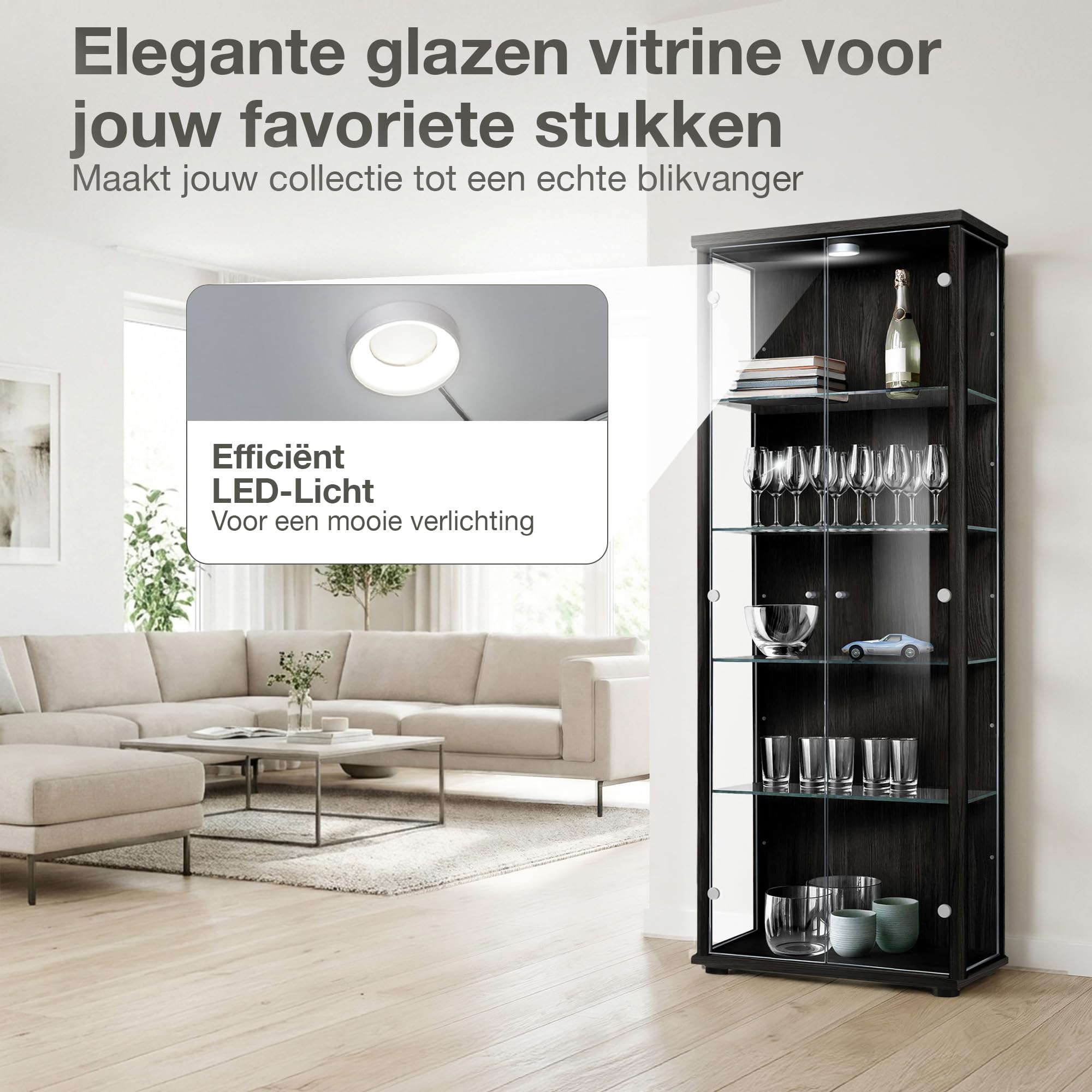 K-Möbel Glazen vitrinekast glas in zwart (80x60x25 cm) met 2 in hoogte verstelbare glazen leggers - Modelautodisplaykast zwart - Verzamelaarsvitrine - Glazen vitrinekast