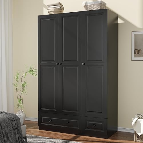 Miniatura 9 de Armario Armario con cajones: armario de dormitorio de 74 pulgadas para colgar ropa, armarios negros con puertas, armario moderno con estantes