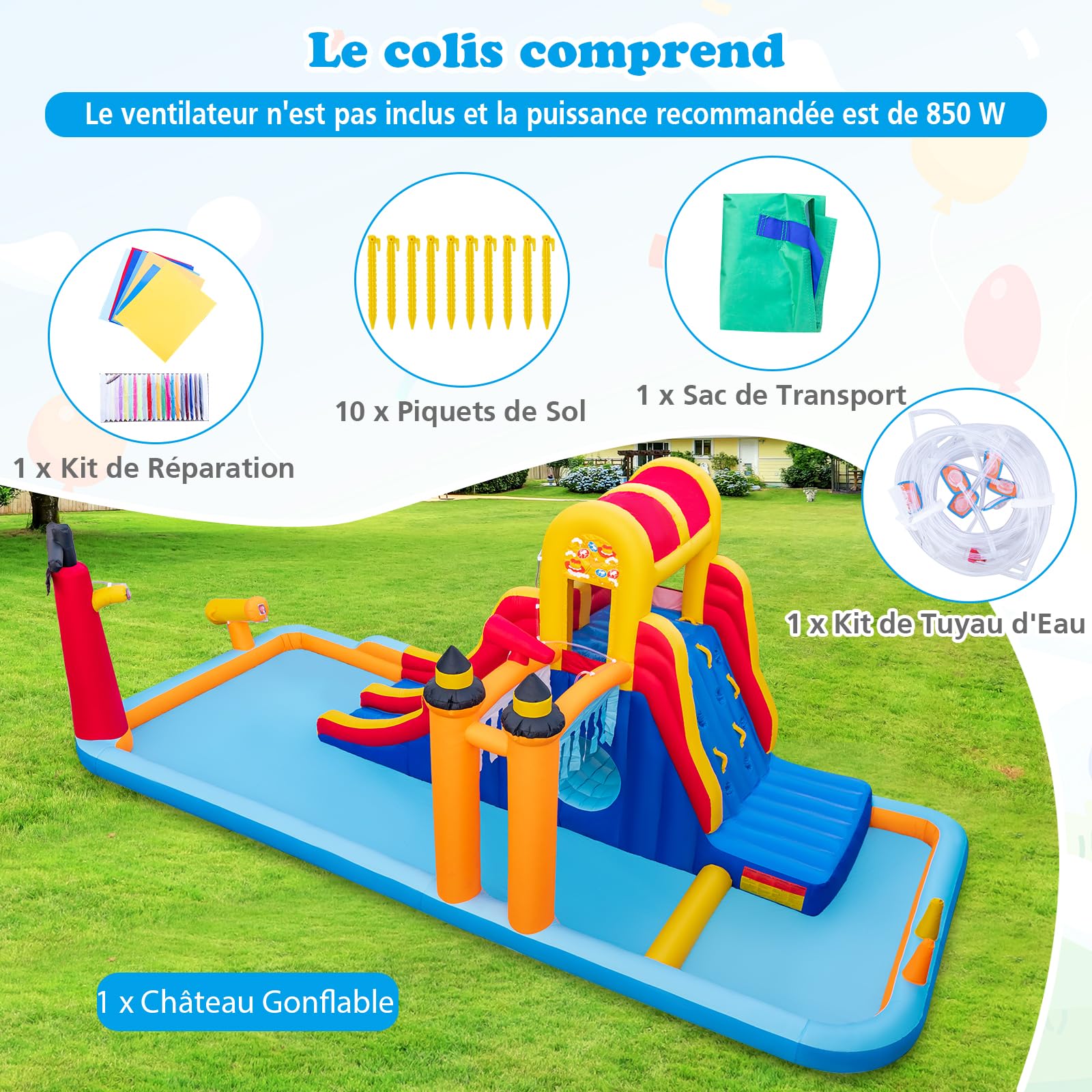 COSTWAY Château Gonflable en Forme Boîte avec Toboggan Aquatique & Mur d’Escalade, Aire de Jeux Gonflable avec Canon à Eau, Charge 90kg pour 3 Enfants de 3-10 Ans, 693x295x263 cm…