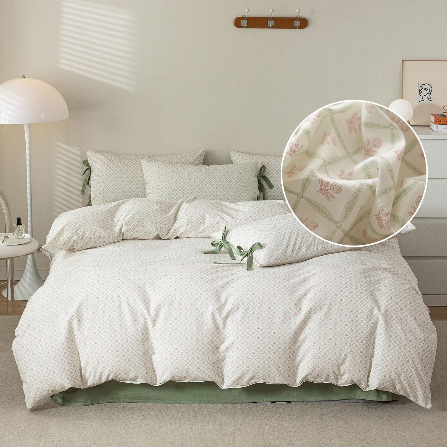 Pink Floral Duvet Cover Twin XL Chic Plaid Grid Duvet Cover with 2 Bowknot Pillowcases Vintage Boho Floral Bedding Set Aesthetic Cute Flower Comforter Cover Soft Cotton Girls Cottagecore Bedding Set — image 1