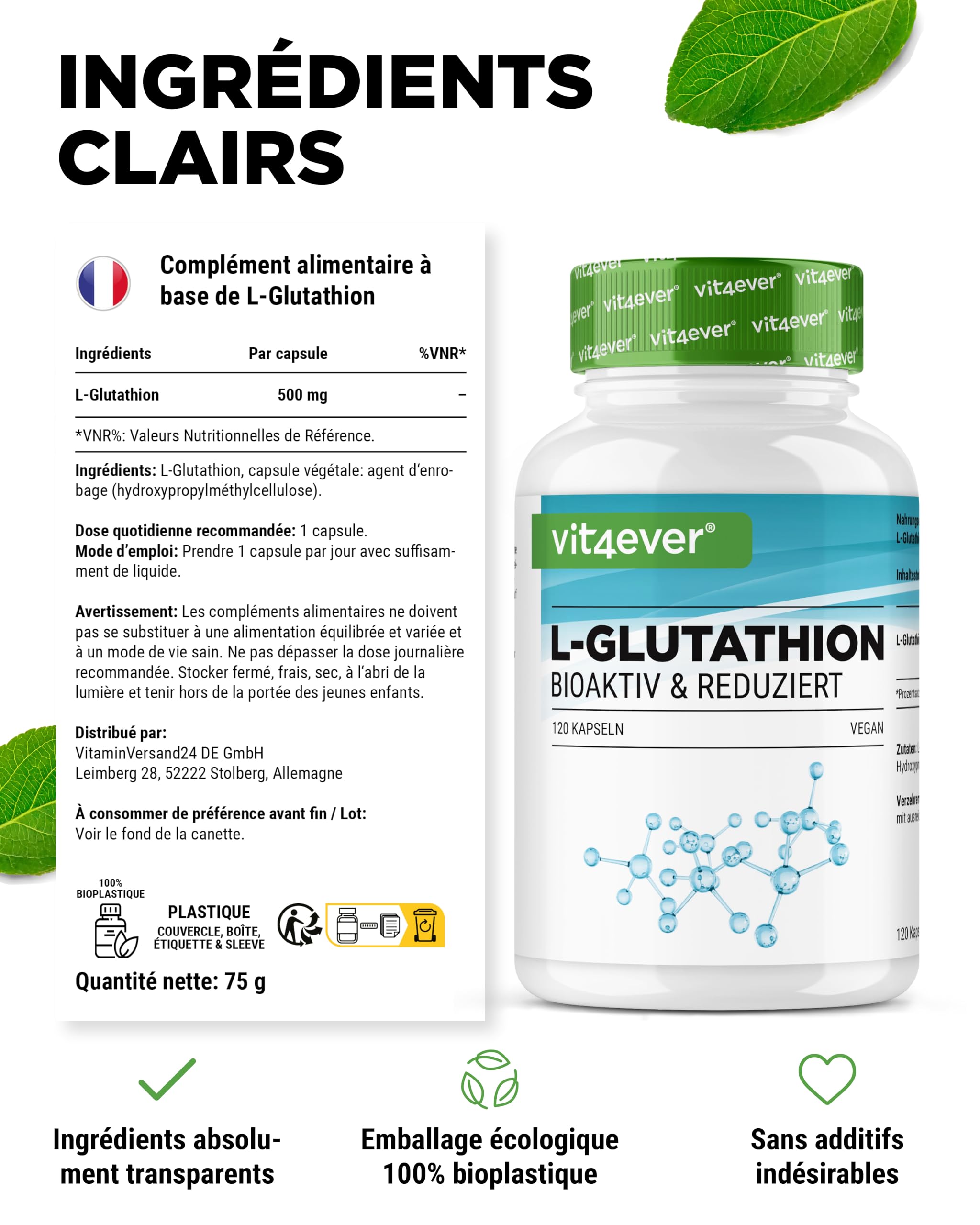 L-Glutathion - 120 Gélules avec 500 mg par Gélule - Premium : Glutathion Réduit & Bioactif Issu de la Fermentation - Hautement Dosé - Vegan