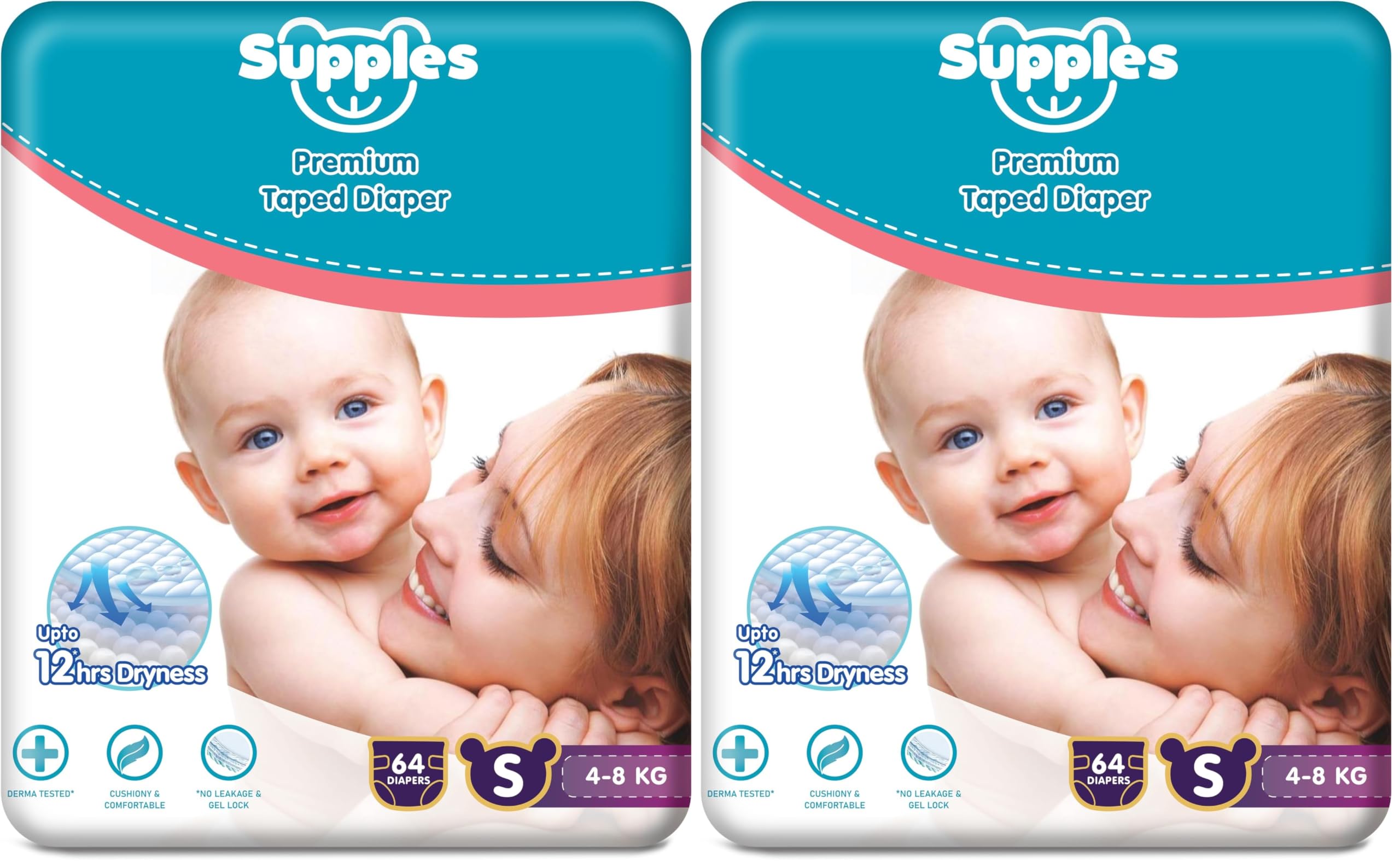 Amazon Brand - Supples Premium Small Taped Diapers | Derma Tested, Extra Soft, High Absorbency with Wetness Indicator & Umbilical Cut Design, 12 Hrs Absorption | Small | 4-8 Kg | 64 Count (Pack of 2)-image-27