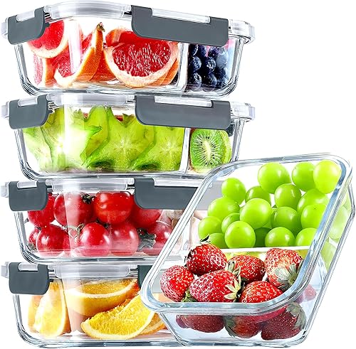 VERONES Paquete de 5 recipientes de vidrio para preparación de comidas, juego de 2 compartimentos, recipientes herméticos de vidrio para almuerzo de