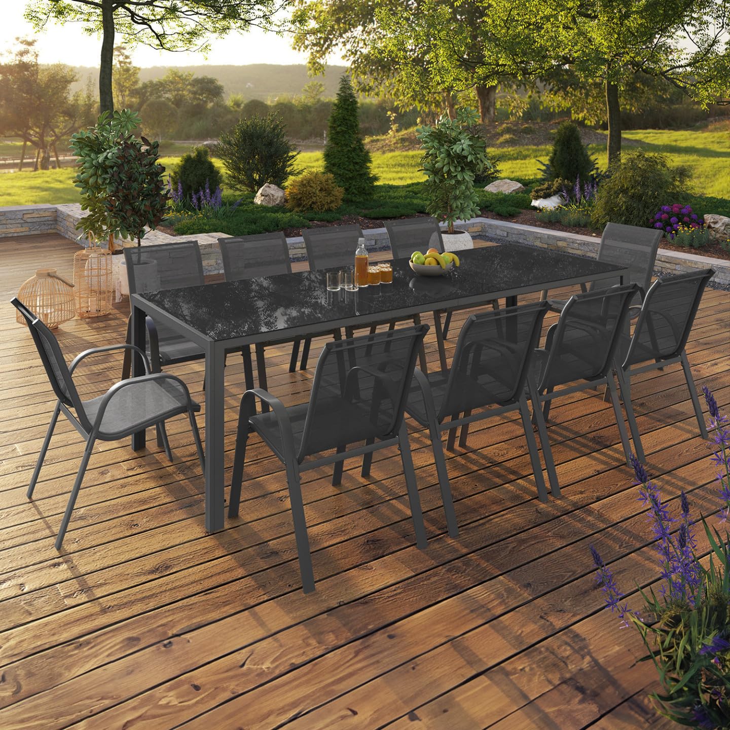 IDMarket - Salon de Jardin Madrid Table 240 CM et 10 chaises empilables Gris Anthracite
