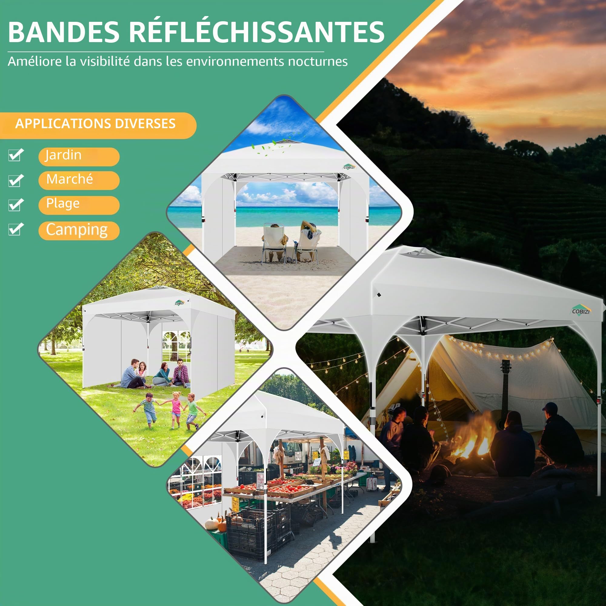 Cobizi Tonnelle Pliante 3x3 Imperméable Tonnelle De Jardin Exterieur,3 Panneaux Latéraux,Tonnelle Pliante Imperméable,Convient pour Le Camping, Les Festivals, Barnum avec 4 Sacs,Sable，Blanc