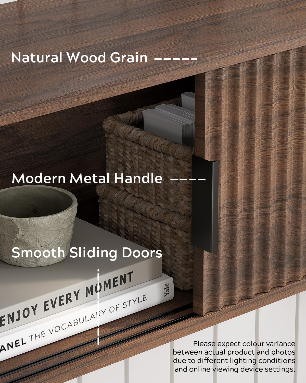 Floating Nightstand with Sliding Doors, Modern Fluted Large Night Stand Storage Shelf Wall Mounted Bedside Tables for Bedroom, Brown