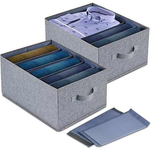 Clothes Organizer with Larger Grid (3.2"W), Foldable Wardrobe Clothes Organizer with Handles & Removable PP Board, Fabric 5 Grids Drawer Organizers for Clothing Jeans Underwear Pants Socks (2 Pack)