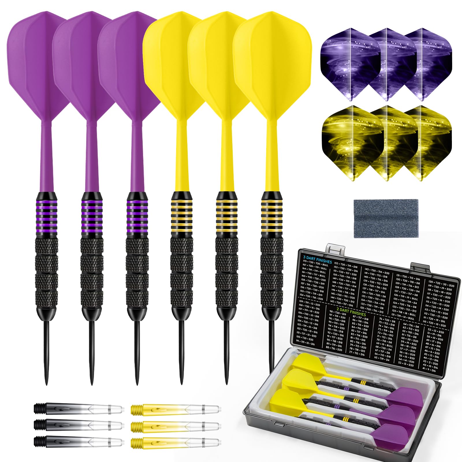 HUANQU 6 Pack Steel Tip Darts,Professional 24 Grams Metal Dart Set，6 Extra Flights & Shafts, Dart Sharpener, Dart Storage Box, Integrated Dart Flights and Shafts ，Beginner or Professional Darts