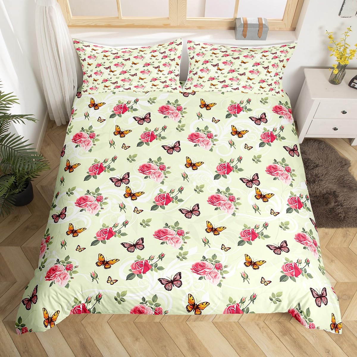 Pink Roses Duvet Cover King Size,Beautiful Natural Scenery Comforter Cover for Adults Kids Bedroom Decor,Yellow Butterfly Countryside Theme Decorative Bedding Set(No Comforter),2 Pillowcases