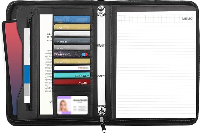 Kurtzy Black Faux Leather Zipped A4 Business Portfolio Folder - Professional Conference Padfolio Organiser Case - Ring Binder File, Resume & Document Pocket, Writing Pad, Card Holder & Tablet Pouch