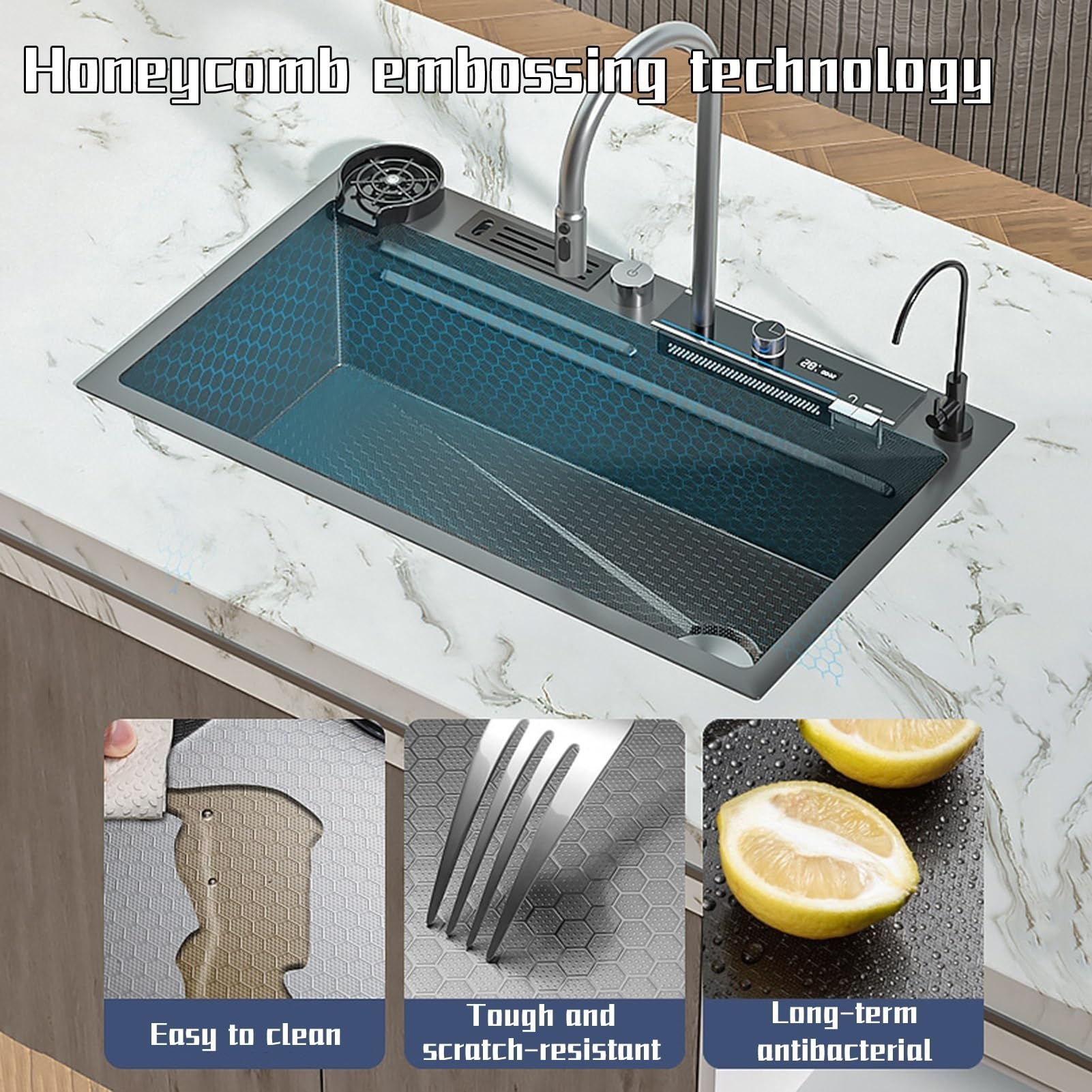 Lavelli da Cucina in Acciaio Inossidabile Set 304 Inossidabile Nano Raindance Lavello a Cascata con Rubinetto Estraibile Rondella a Pressione Lavello in Rilievo (Nero, 80x46CM)