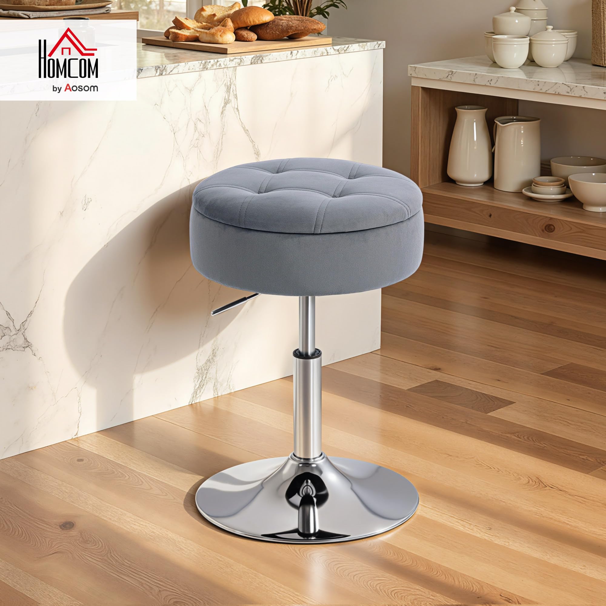 HOMCOM Sgabello da Bar con Altezza Regolabile e Vano Contenitore, Grigio