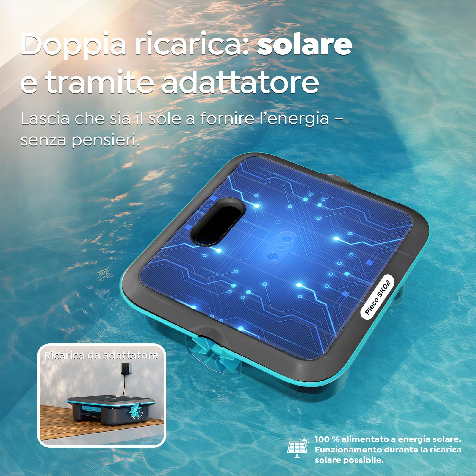 (Upgrade 2026) Pleco SK02 Skimmer Solare Robot per Piscina, Doppia Ricarica, Sensore Temperatura, Robot Piscina Skimmer con Controllo App, Pulitore per Piscina Skimmer Automatico 24/7