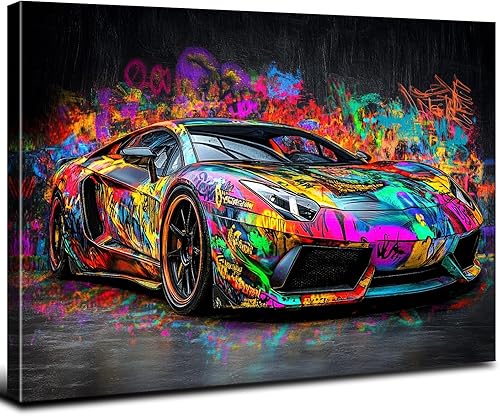 Póster de graffiti para automóvil, arte de pared genial de Lamborghini para decoración de habitación de niños, colorido estilo Banksy, superauto,