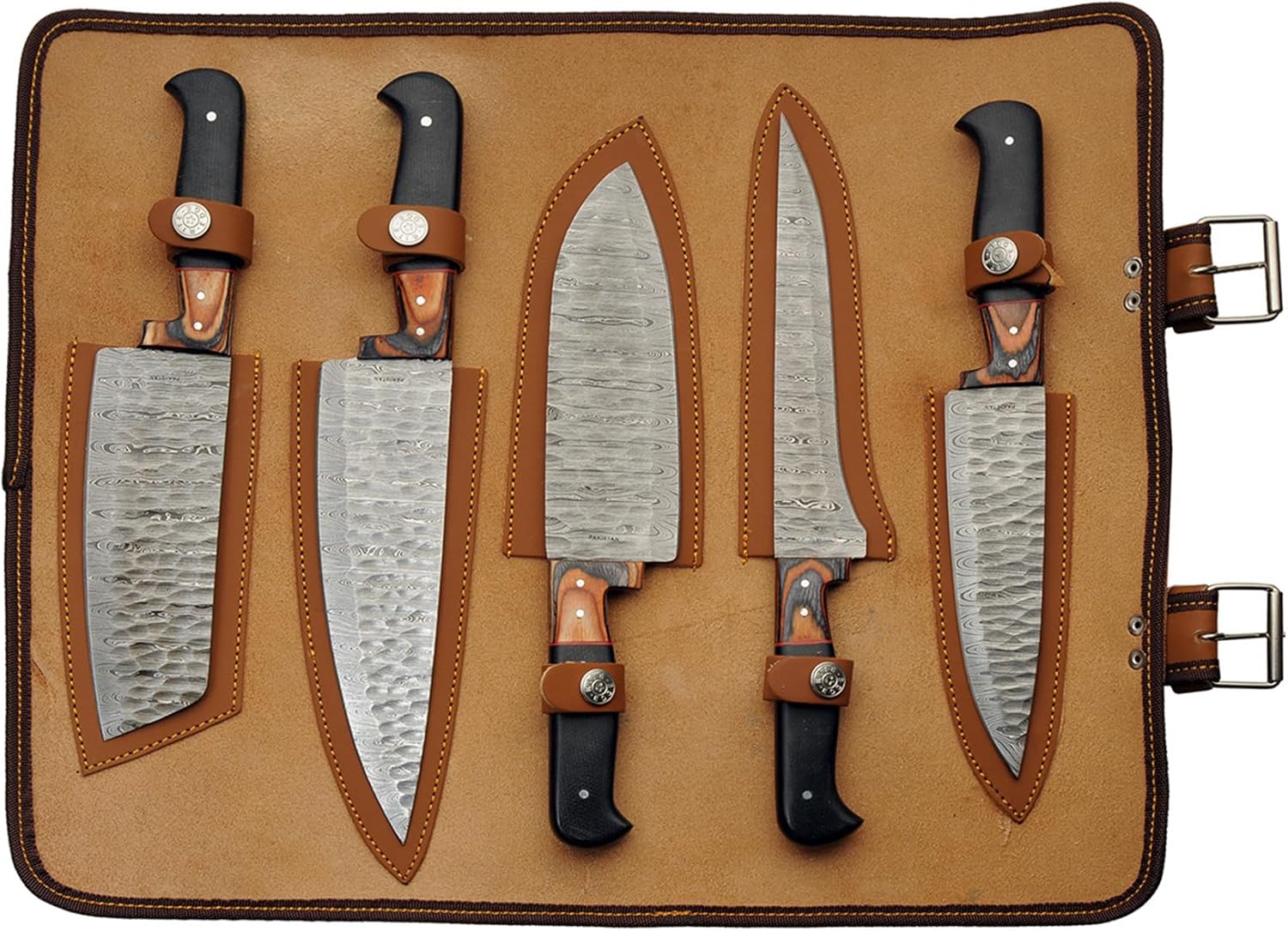 SANZ Damascus Kitchen Knife 5 Pcs - Chef Knife with Wood Handle, Full Tang Blade & Sheath - Outdoor Knife for kitchen, Camping & Outdoor uses