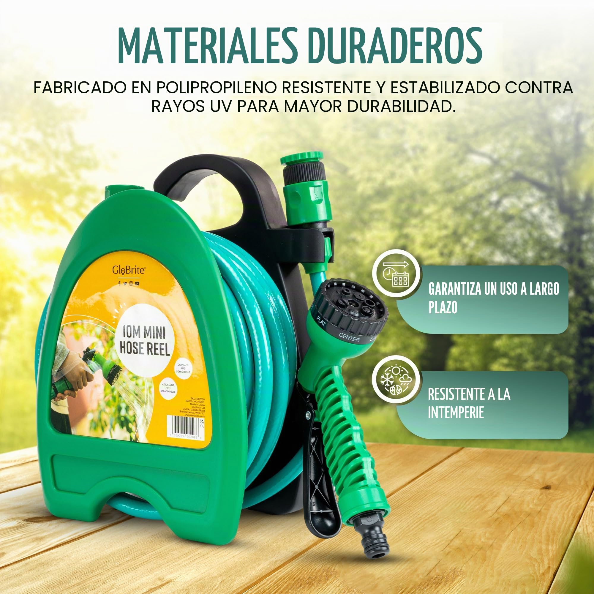 GloBrite Manguera de Jardín Enrollable de 10 m con Pistola de 7 Modos y Carrete, Enrollador Compacto y Portátil con Soporte Mural para Balcón, Terraza, Patio, Limpieza Exterior y Hogar Diario