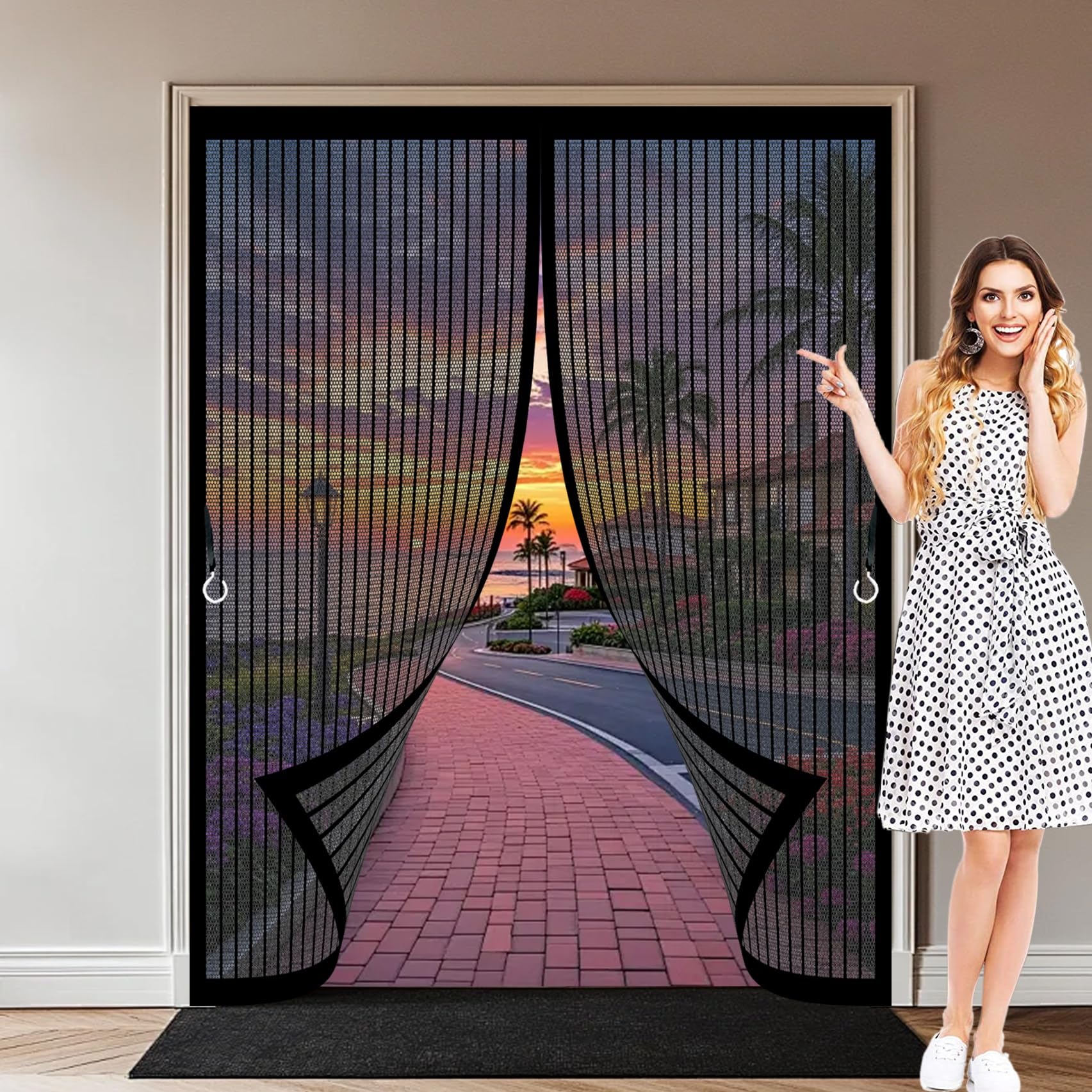 Magnetic Screen Door 195 x 195 cm with Powerful Magnets & Full Frame Magic Tape, Keep Bugs Out & Lets Fresh Air in Magnetic Screen Fly Doors for Patio Doors Bedroom, Black