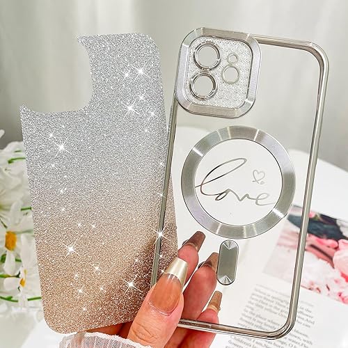 Vista 199 de Fiyart - Funda transparente magnética con purpurina para iPhone 12 para mujeres, con grabado "Love" metálico, protección para cámara y antigolpes