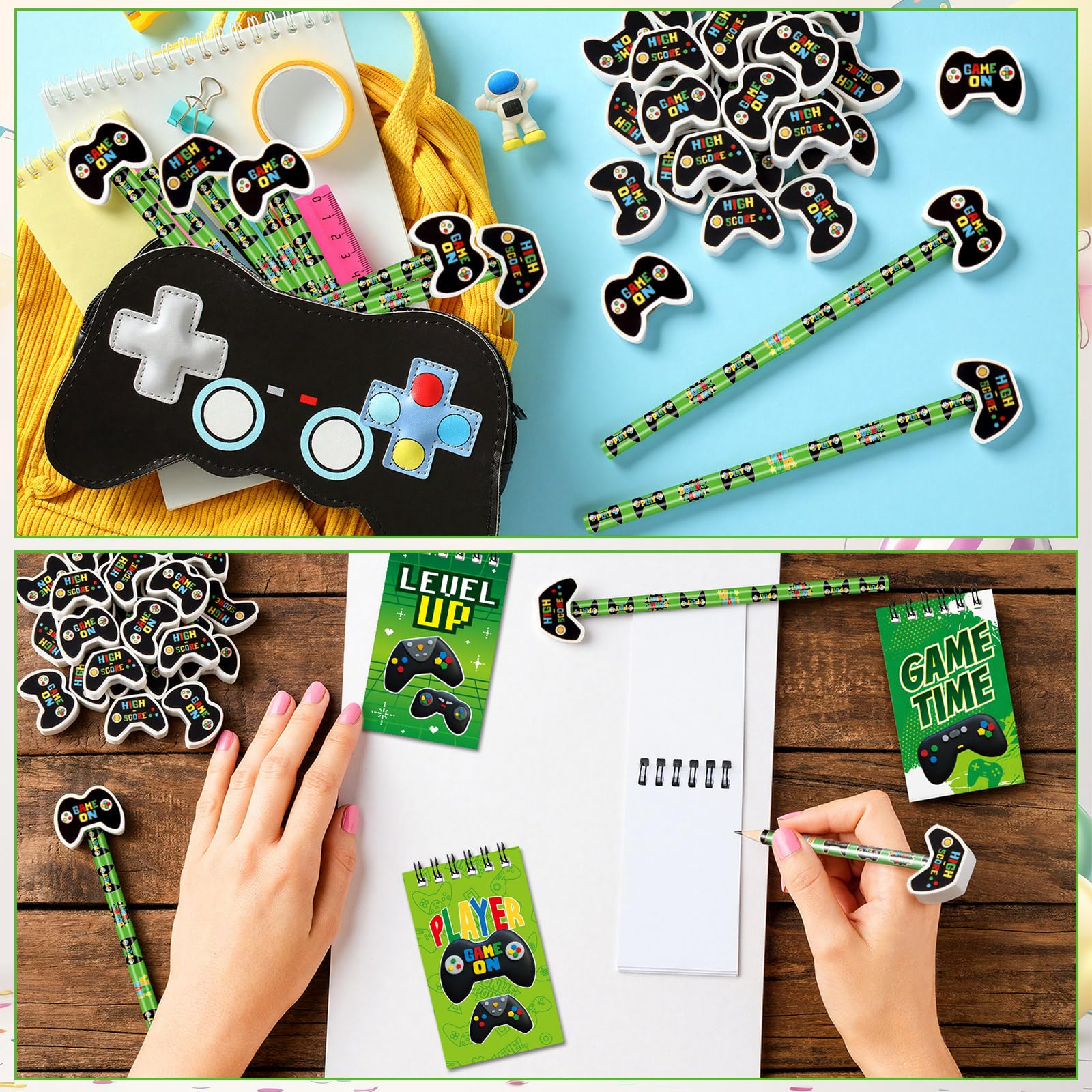 Lot de 72 articles de papeterie sur le thème du jeu vidéo, 48 crayons avec gomme, cadeaux de fête, 24 mini bloc-notes à spirale pour l'école, les salles de classe, les récompenses