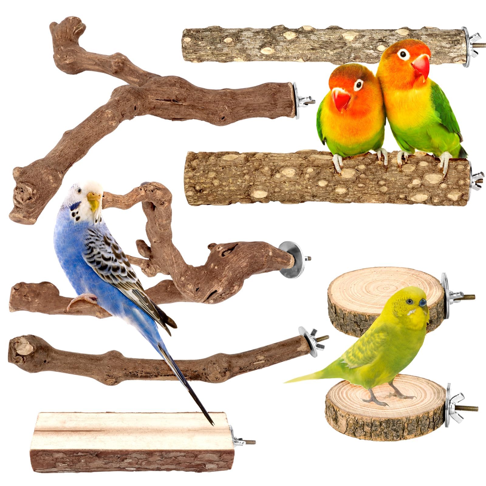 8PCS Natural Grape Wood Bird Perch Set - Parrot Cage Stand with Paw Grinding Forks, Chewing Sticks & Exercise Branches for Parakeets, Cockatiels, Conures, Budgies, Finches